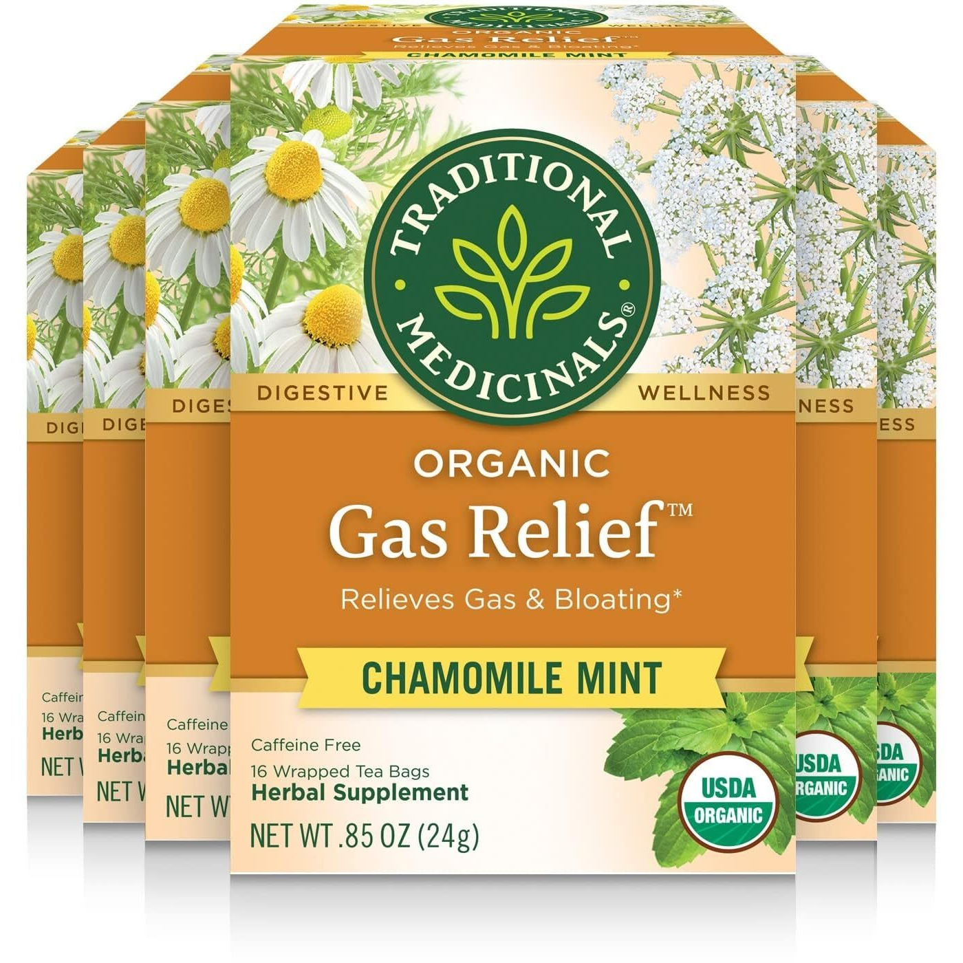 Traditional Medicinals Tea, Organic Gas Relief, Relieves Gas & Bloating, Chamomile Mint, 16 Count (Pack Of 6)