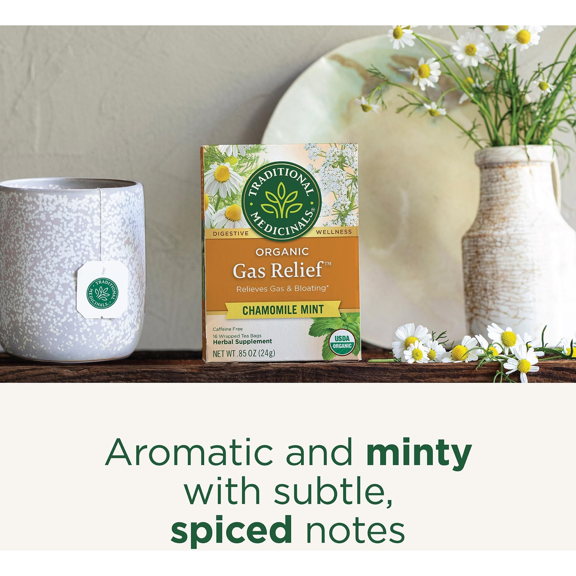 Traditional Medicinals Tea, Organic Gas Relief, Relieves Gas & Bloating, Chamomile Mint, 16 Count (Pack Of 6)