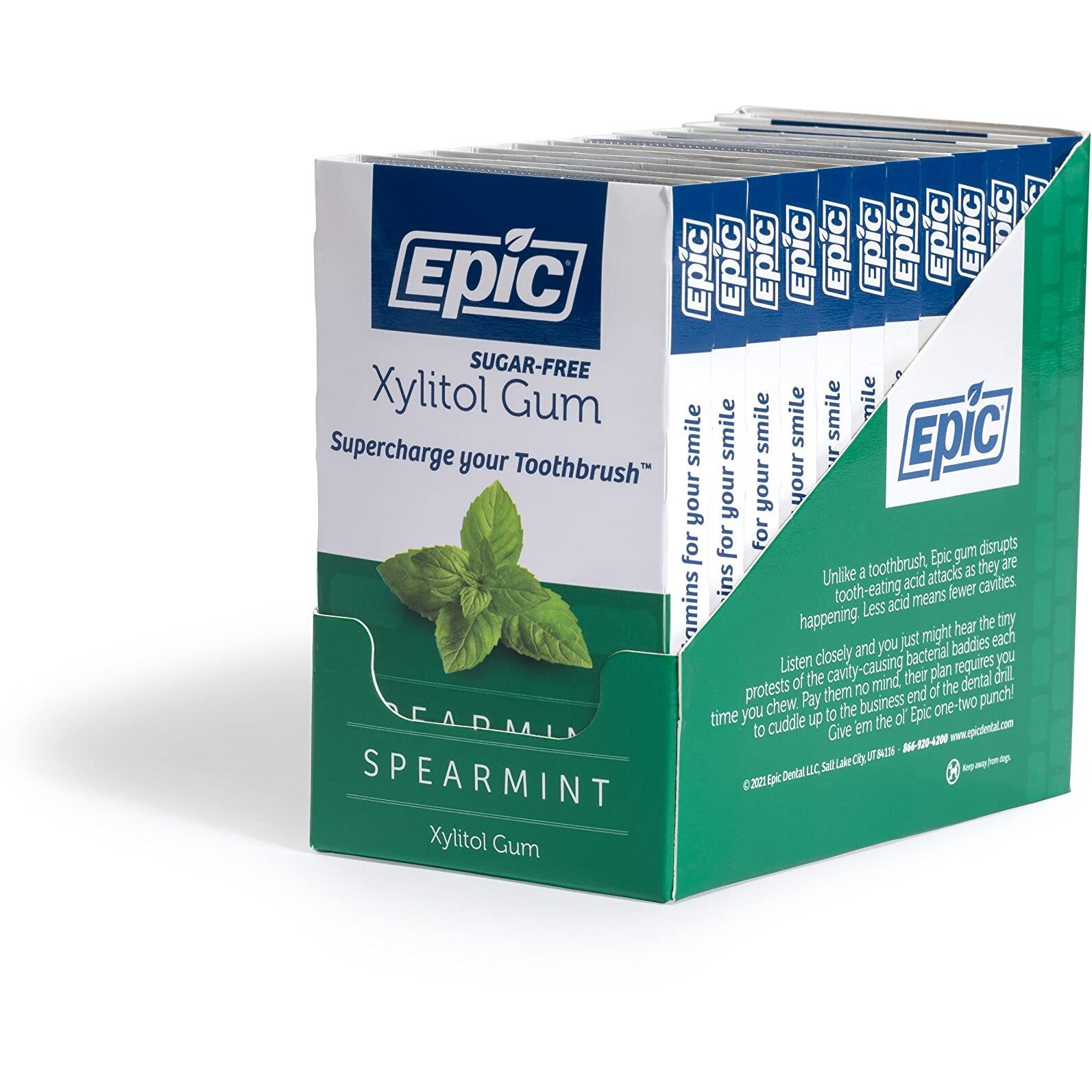 Epic Xylitol Chewing Gum - Sugar Free & Aspartame Free Chewing Gum Sweetened W/Xylitol For Dry Mouth & Gum Health (Spearmint, 12-Piece Pack, 12 Packs)