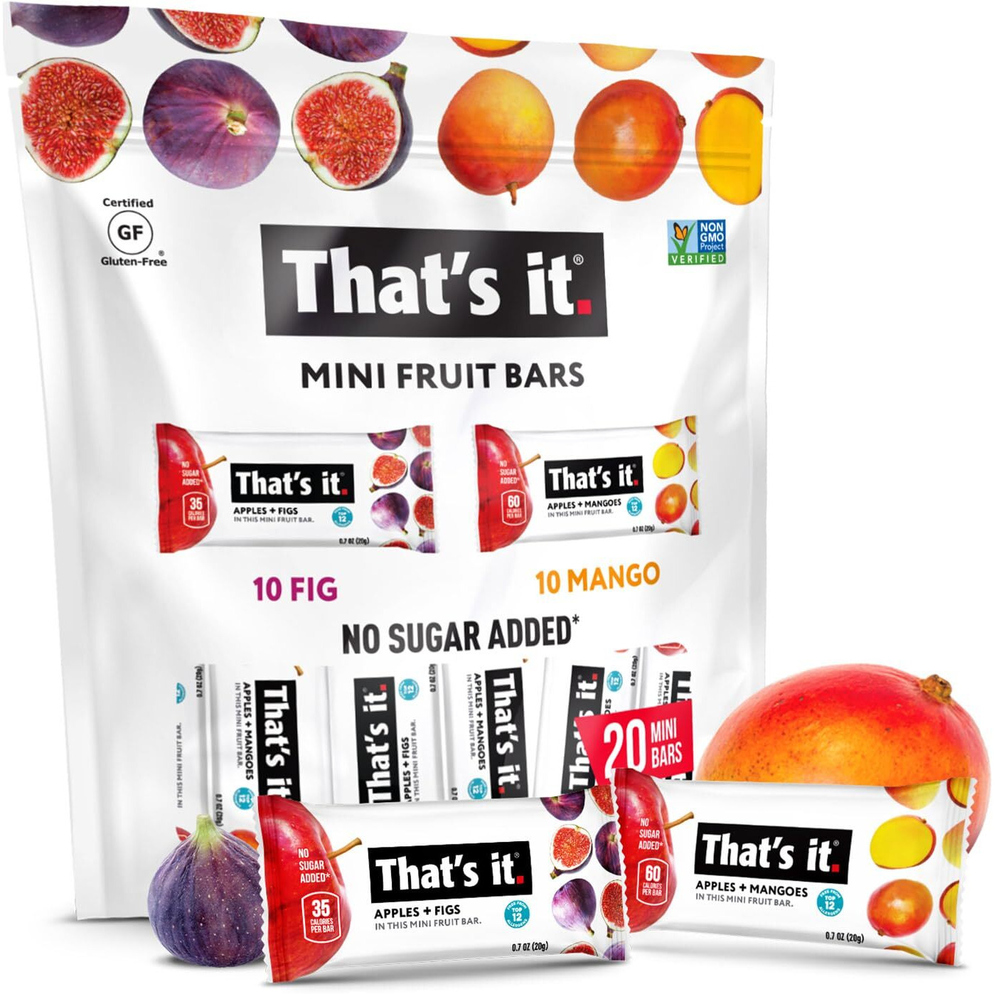 That's It. Mini Fruit Bars Variety (20 Pack) No Sugar Added, Plant-Based, Vegan & Gluten Free, Breakfast Bar, Paleo, For Children & Adults, Non Gmo, Fiber