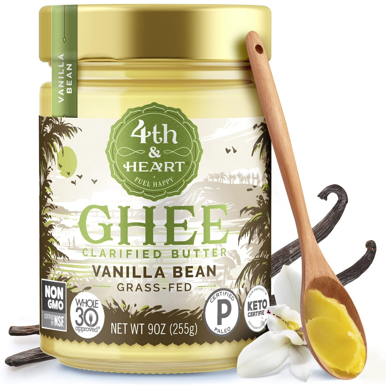 4Th & Heart Vanilla Bean Grass-Fed Ghee, 9 Ounce, Keto, Pasture Raised, Lactose And Casein Free, Certified Paleo