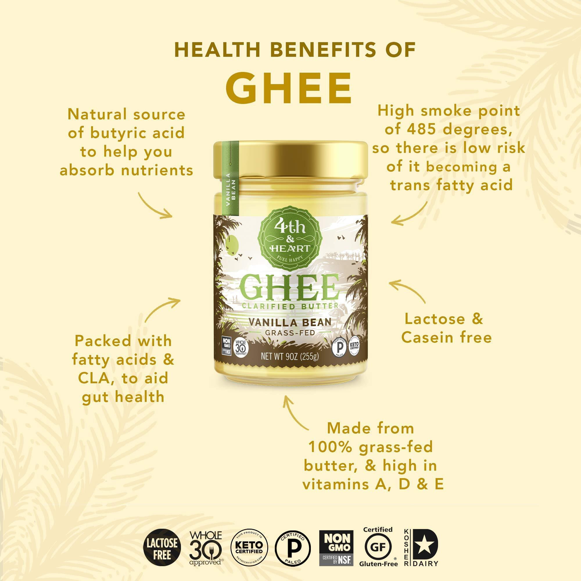 4Th & Heart Vanilla Bean Grass-Fed Ghee, 9 Ounce, Keto, Pasture Raised, Lactose And Casein Free, Certified Paleo