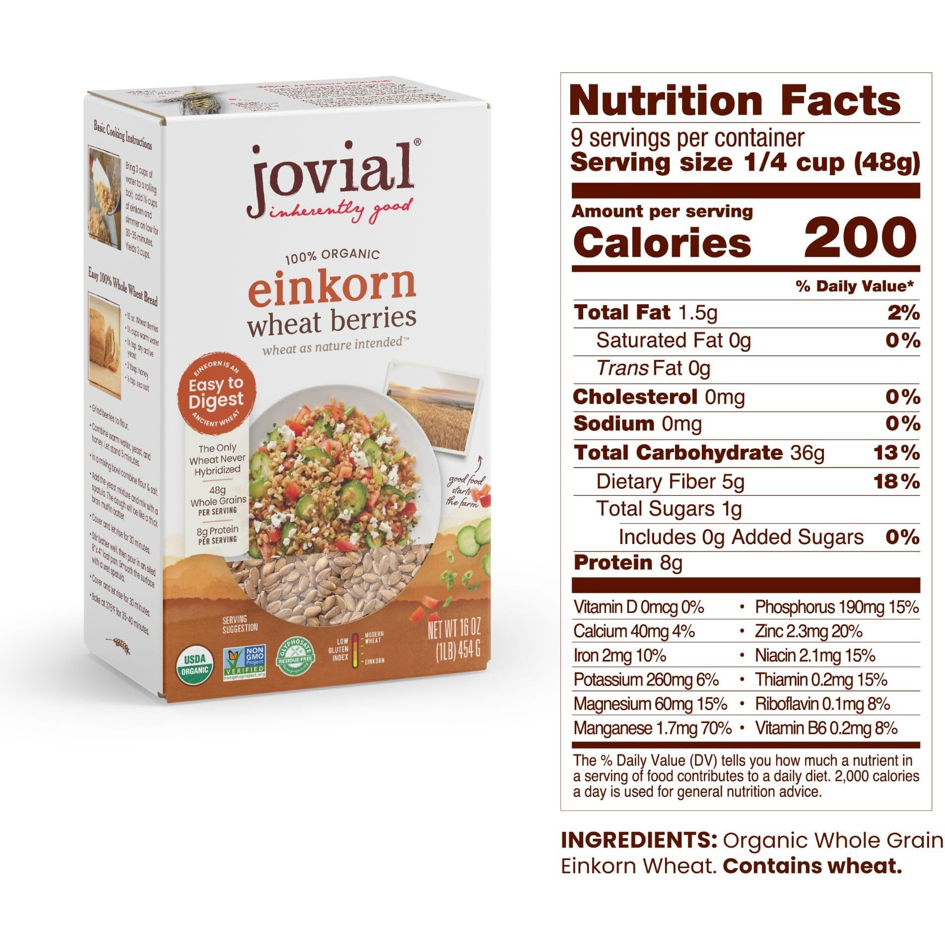 Jovial Einkorn 100% Organic Wheat Berries - Einkorn Berries, Organic Wheat Berries, High Protein, Non-Gmo, Usda Certified Organic, Lower Carb, Whole Grain, Product Of Italy - 16 Oz