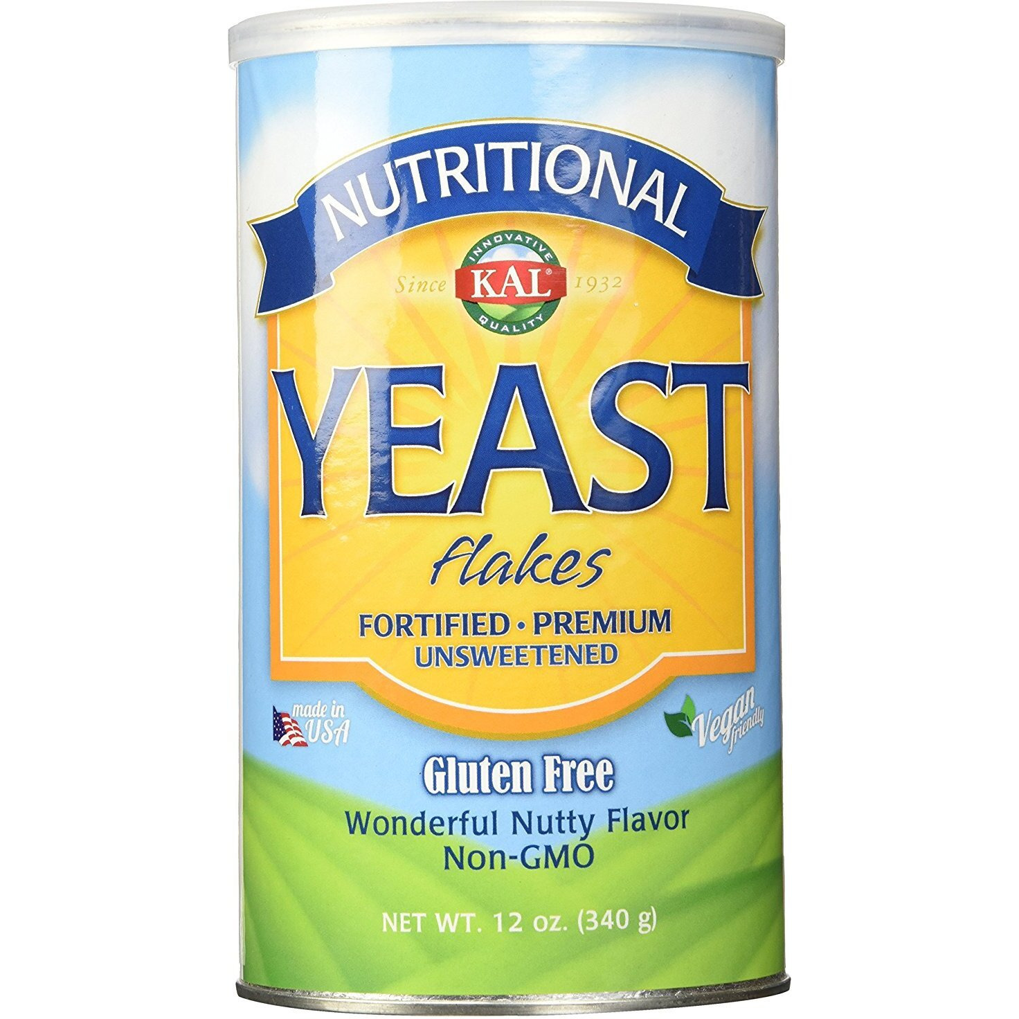 Kal Nutritional Yeast Flakes, Fortified With B12, Folic Acid & Other B Vitamins, Unsweetened, Great Nutty Flavor, Vegan & Gluten Free, 60-Day Money Back Guarantee, Made In The Usa, 34 Servings, 12Oz