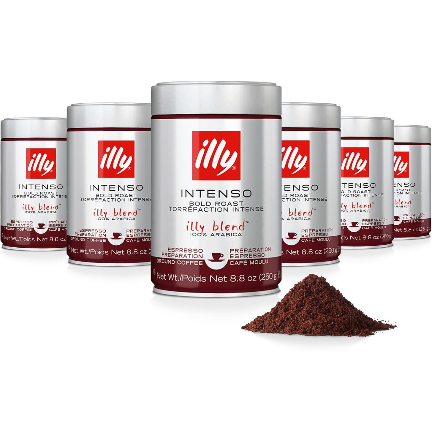 Illy Ground Coffee Espresso - 100% Arabica Coffee Ground - Intenso Dark Roast - Warm Notes Of Cocoa & Dried Fruit - Rich Aromatic Profile - Precise Roast - No Preservatives - 8.8 Ounce, 6 Pack