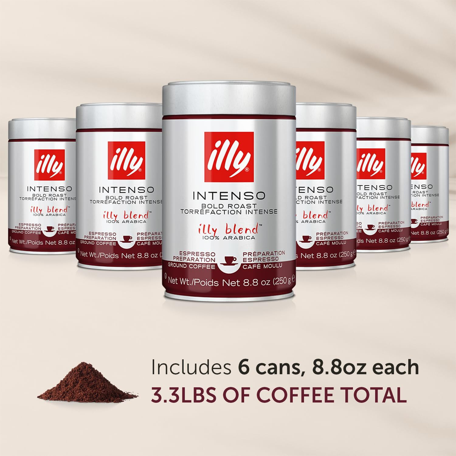 Illy Ground Coffee Espresso - 100% Arabica Coffee Ground - Intenso Dark Roast - Warm Notes Of Cocoa & Dried Fruit - Rich Aromatic Profile - Precise Roast - No Preservatives - 8.8 Ounce, 6 Pack