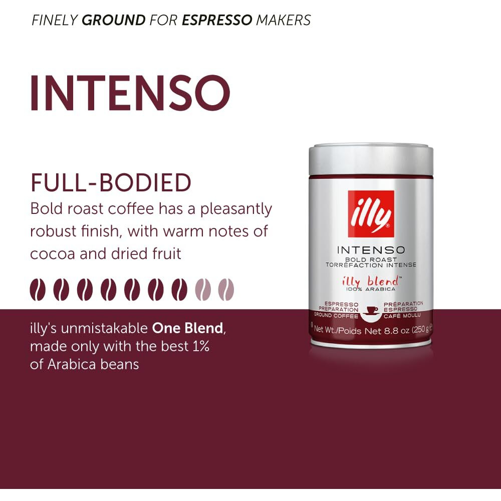 Illy Ground Coffee Espresso - 100% Arabica Coffee Ground - Intenso Dark Roast - Warm Notes Of Cocoa & Dried Fruit - Rich Aromatic Profile - Precise Roast - No Preservatives - 8.8 Ounce, 6 Pack