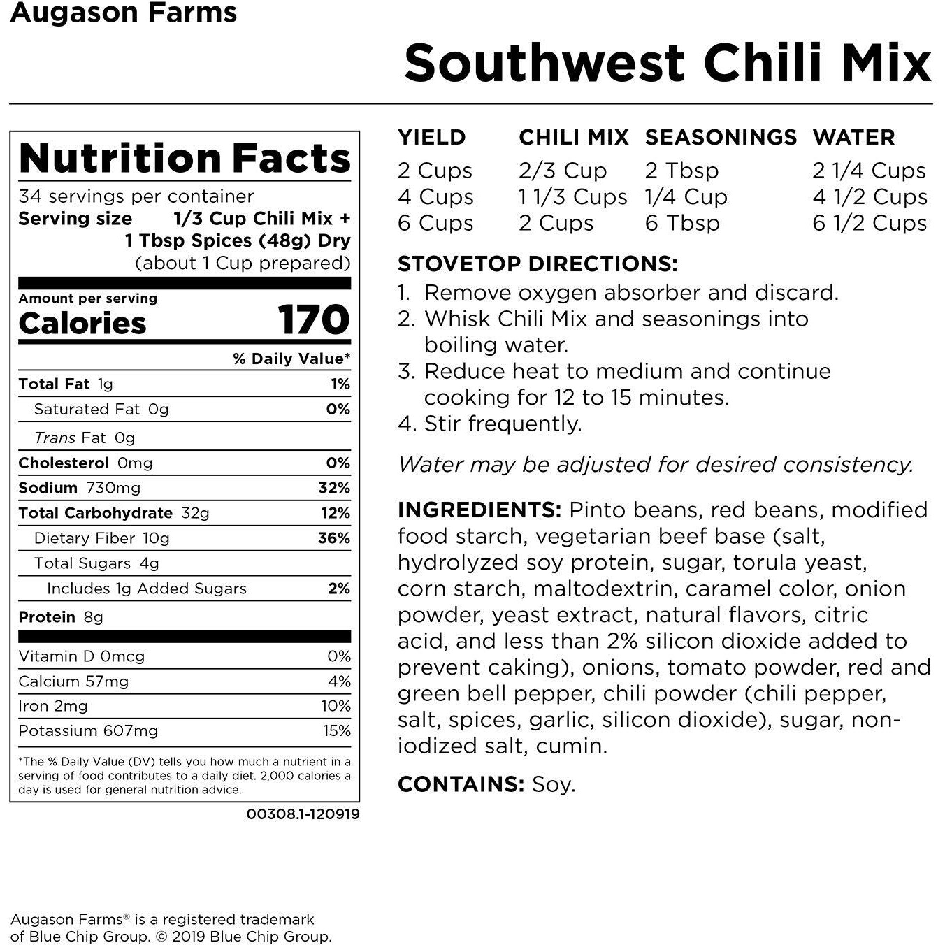 Augason Farms Southwest Chili Mix Net Wt. 3 Lbs 10 Oz (1.65 Kg)