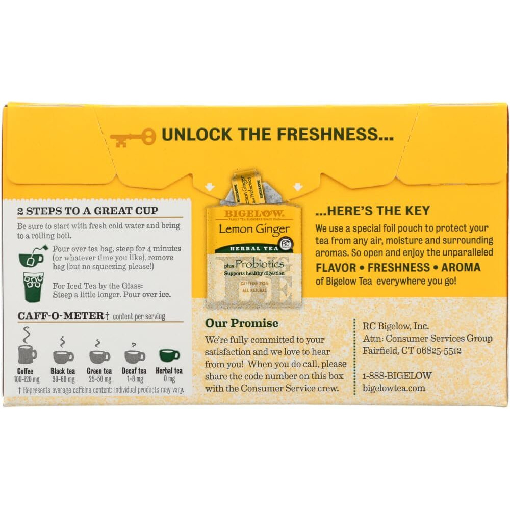 Bigelow Classic Lemon Ginger Herbal Tea Plus Probiotics 18 Bags (3 Pack)