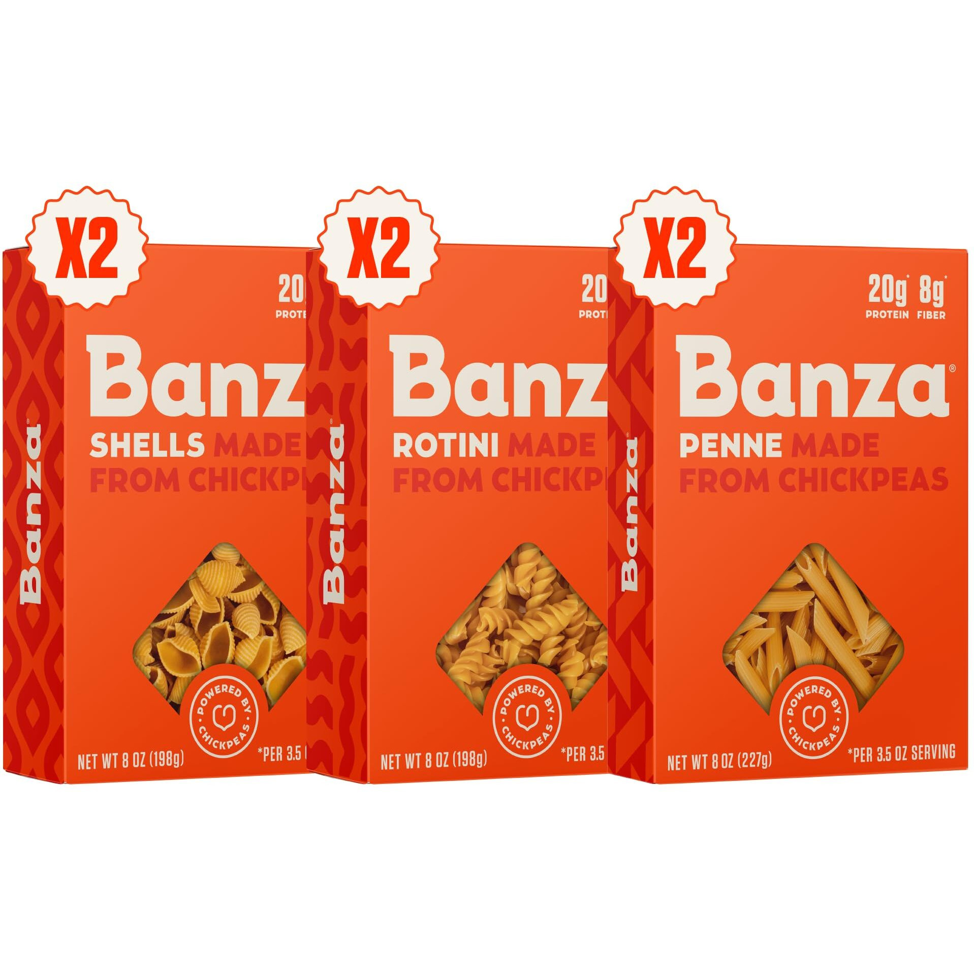 Banza Gluten-Free Chickpea Pasta, Variety Pack 20G Protein | Lower Carb | High Fiber | High Protein | Plant Based Pasta | 8Oz (Pack Of 6)