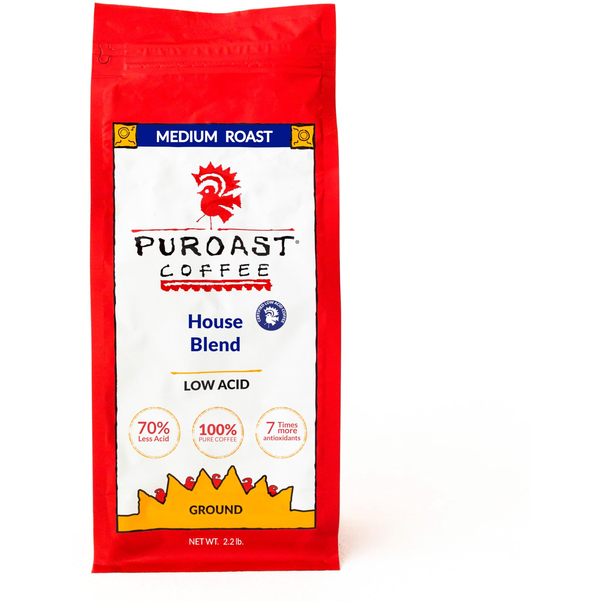 Puroast Low Acid Coffee , Ground Coffee , House Blend , Medium Roast , Certified Low Acid Coffee , Ph 5.5+ , Gut Health , 2.2 Lb , Higher Antioxidant , Smooth For Espresso, Cold Brew & Iced Coffee