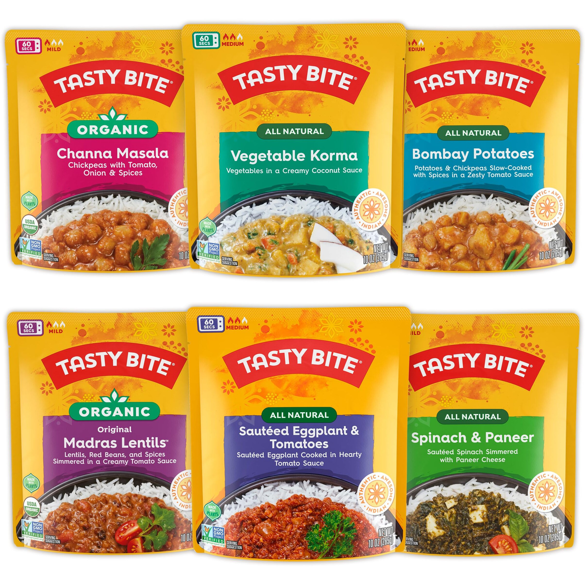 Tasty Bite Variety, Pack Of 6, Bombay Potatoes, Kashmir Spinach, Punjab Eggplant, Channa Masala, Madras Lentils, Vegetable Korma