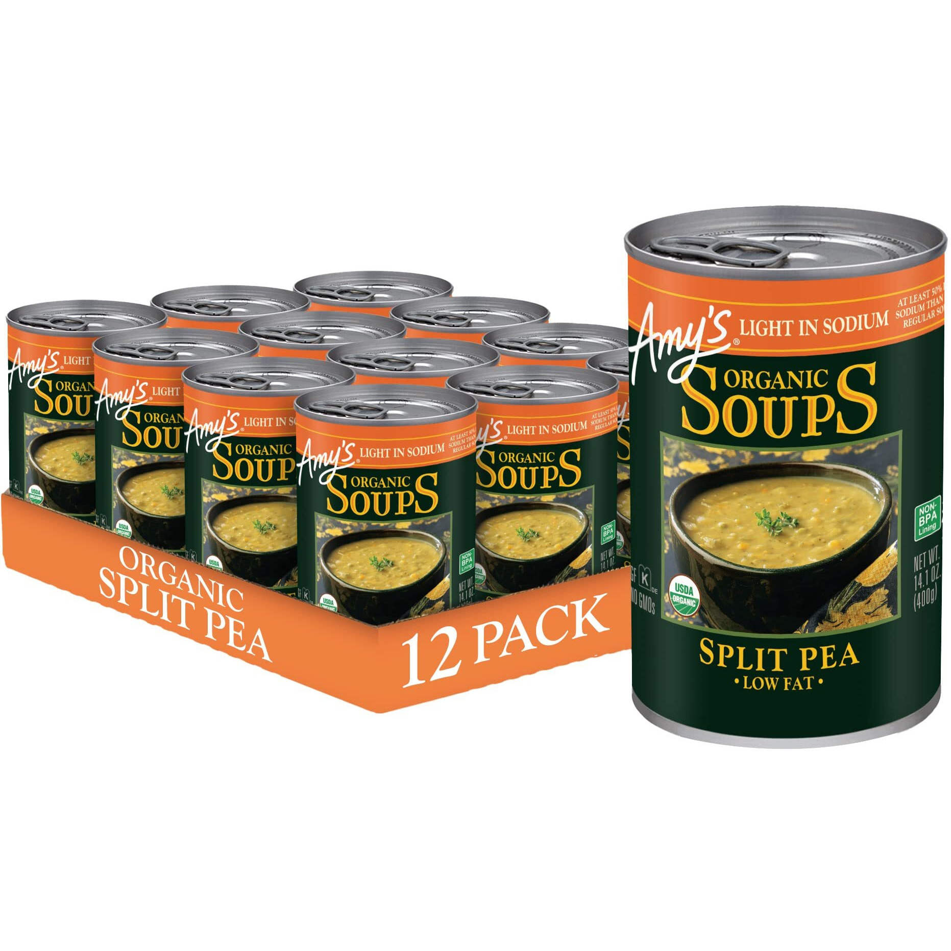 Amy's Soup, Vegan Split Pea Soup, Light In Sodium, Gluten Free, Made With Organic Vegetables, Canned Soup, 14.1 Oz (12 Pack)