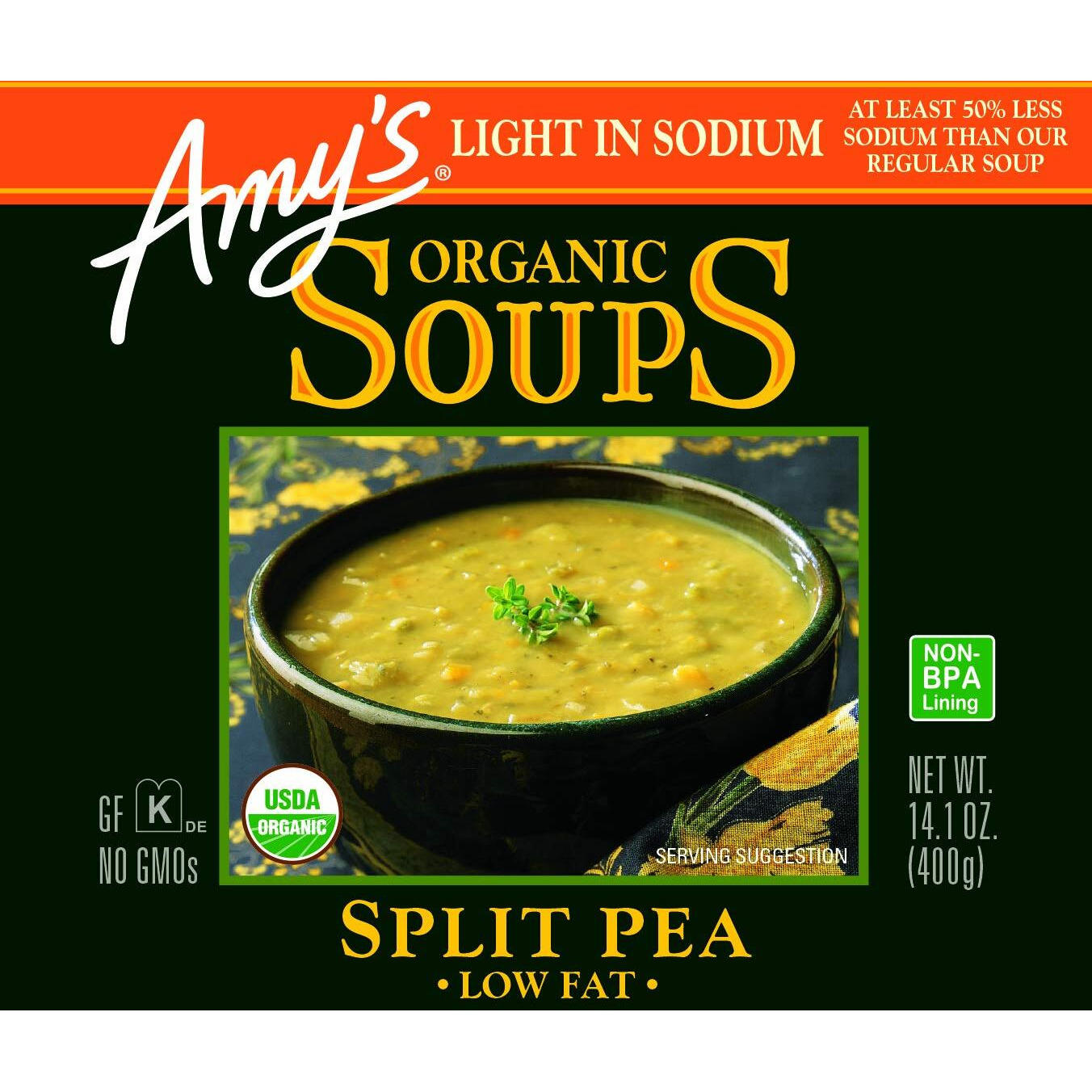 Amy's Soup, Vegan Split Pea Soup, Light In Sodium, Gluten Free, Made With Organic Vegetables, Canned Soup, 14.1 Oz (12 Pack)