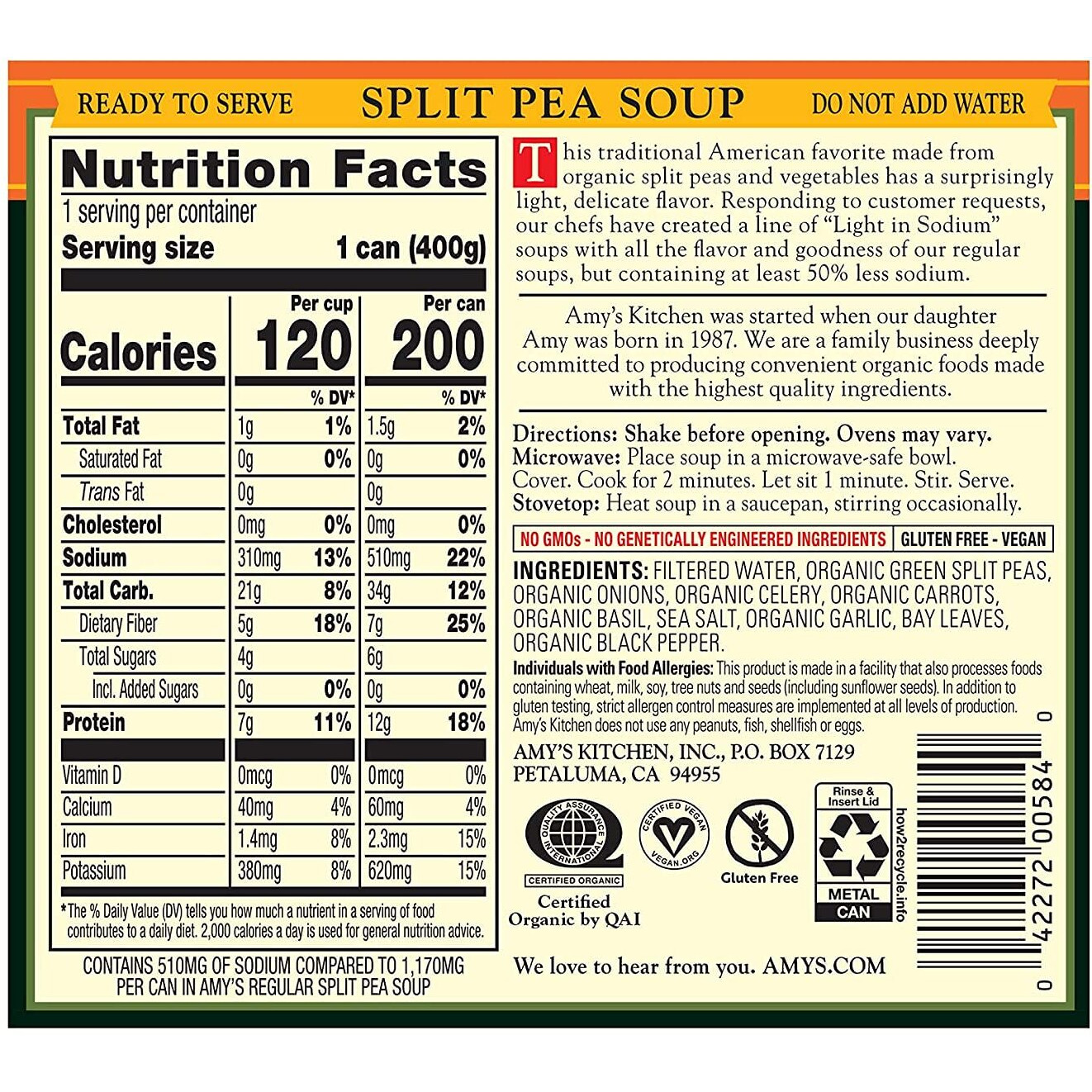 Amy's Soup, Vegan Split Pea Soup, Light In Sodium, Gluten Free, Made With Organic Vegetables, Canned Soup, 14.1 Oz (12 Pack)
