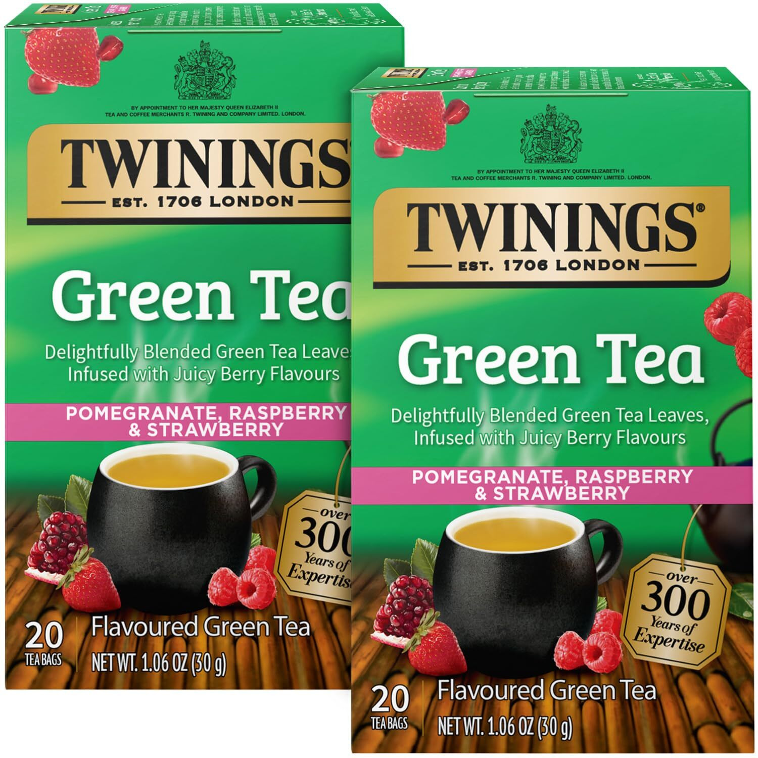 Twinings Green Tea With Pomegranate, Raspberry, And Strawberry - Caffeinated Green Tea Bags Individually Wrapped, 20 Count (Pack Of 2)