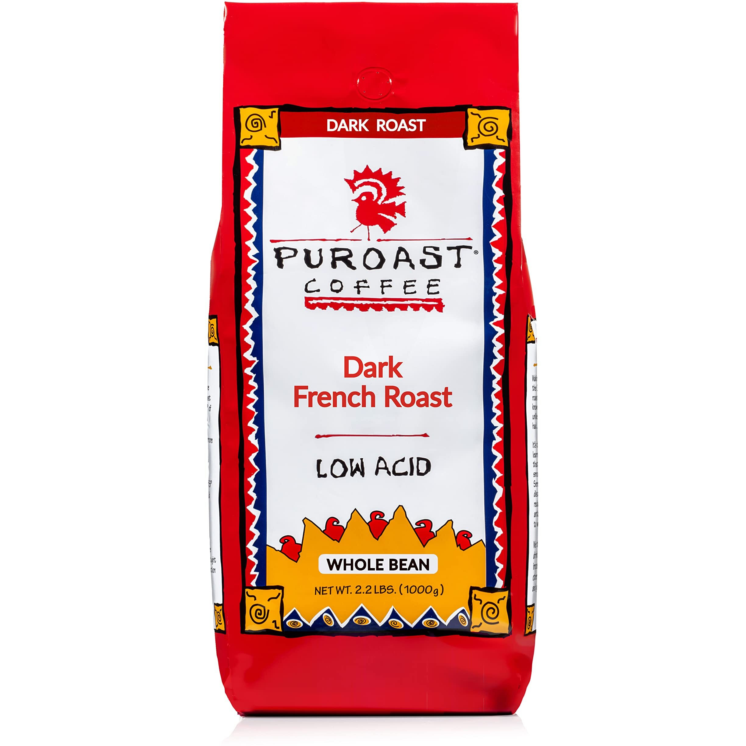 Puroast Low Acid Coffee Whole Bean, French Roast, Dark Roast, Certified Low Acid Coffee, 5.5+ Ph, Gut Health, 2.2 Lb, Higher Antioxidant, Smooth For Espresso, Iced Coffee