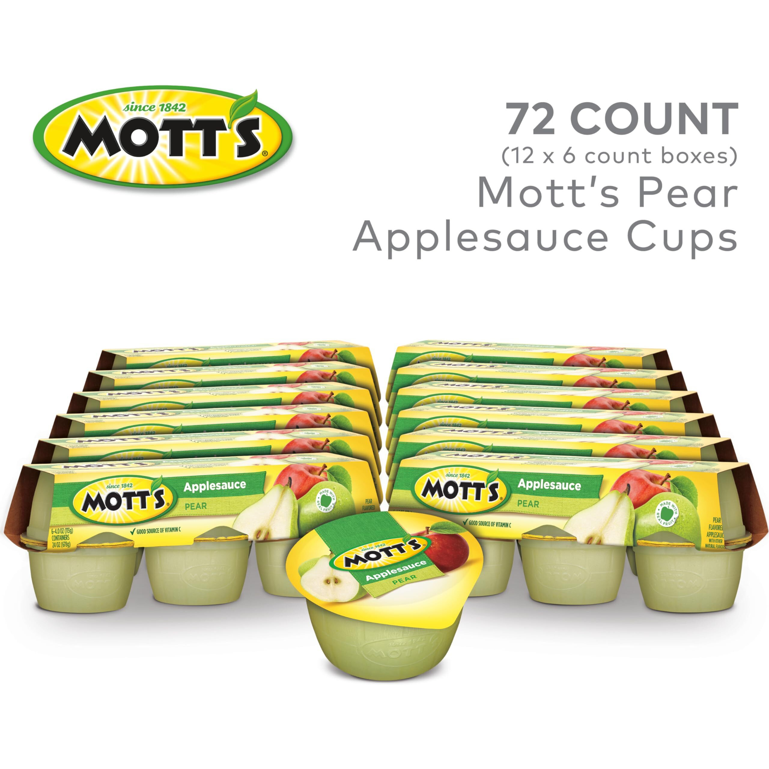 Mott's Pear Applesauce, 4 Oz Cups, 72 Count (12 Packs Of 6), No Artificial Flavors, Good Source Of Vitamin C, Nutritious Option For The Whole Family