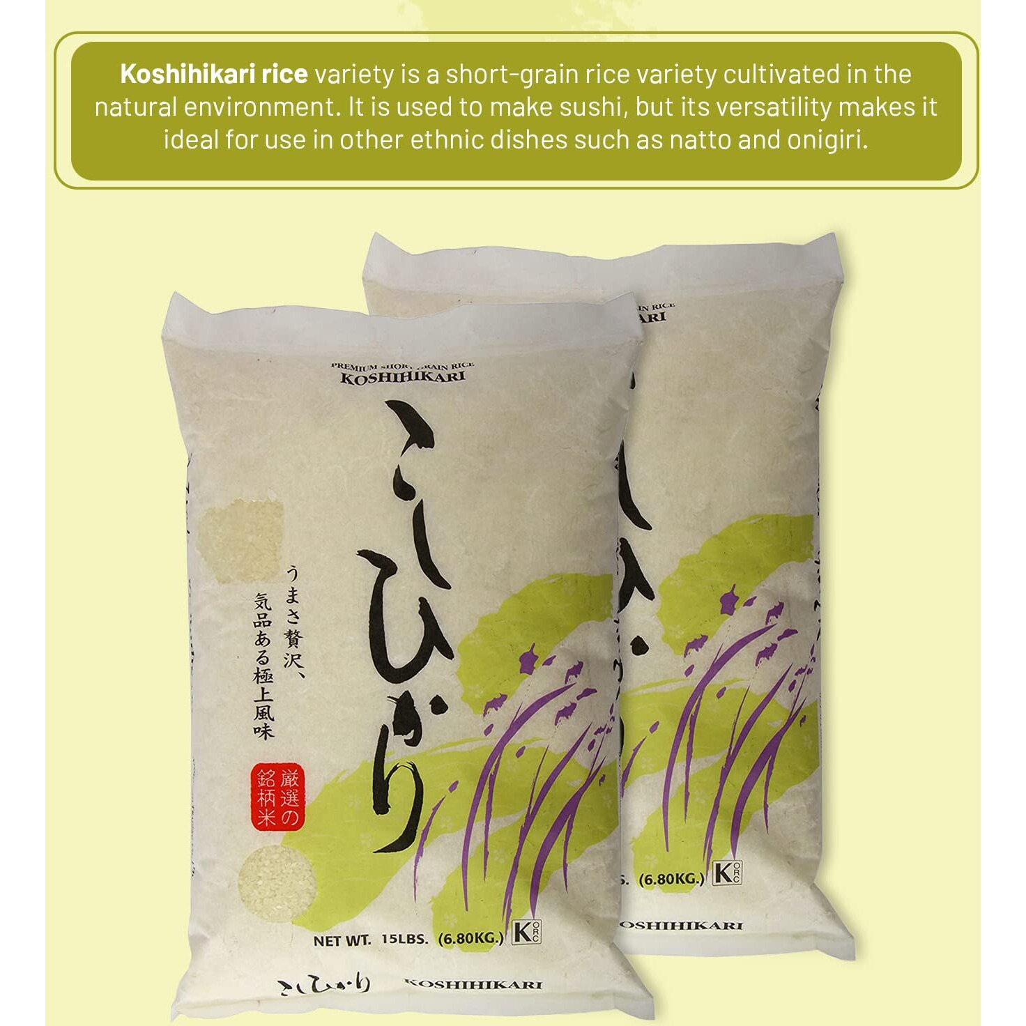 Shirakiku Dried Grains & Rice - Japanese Short Grain White Koshihikari Rice - Uncooked Premium Quality Low Carb Sweet Sticky Sushi Rice, 15 Pounds Bag