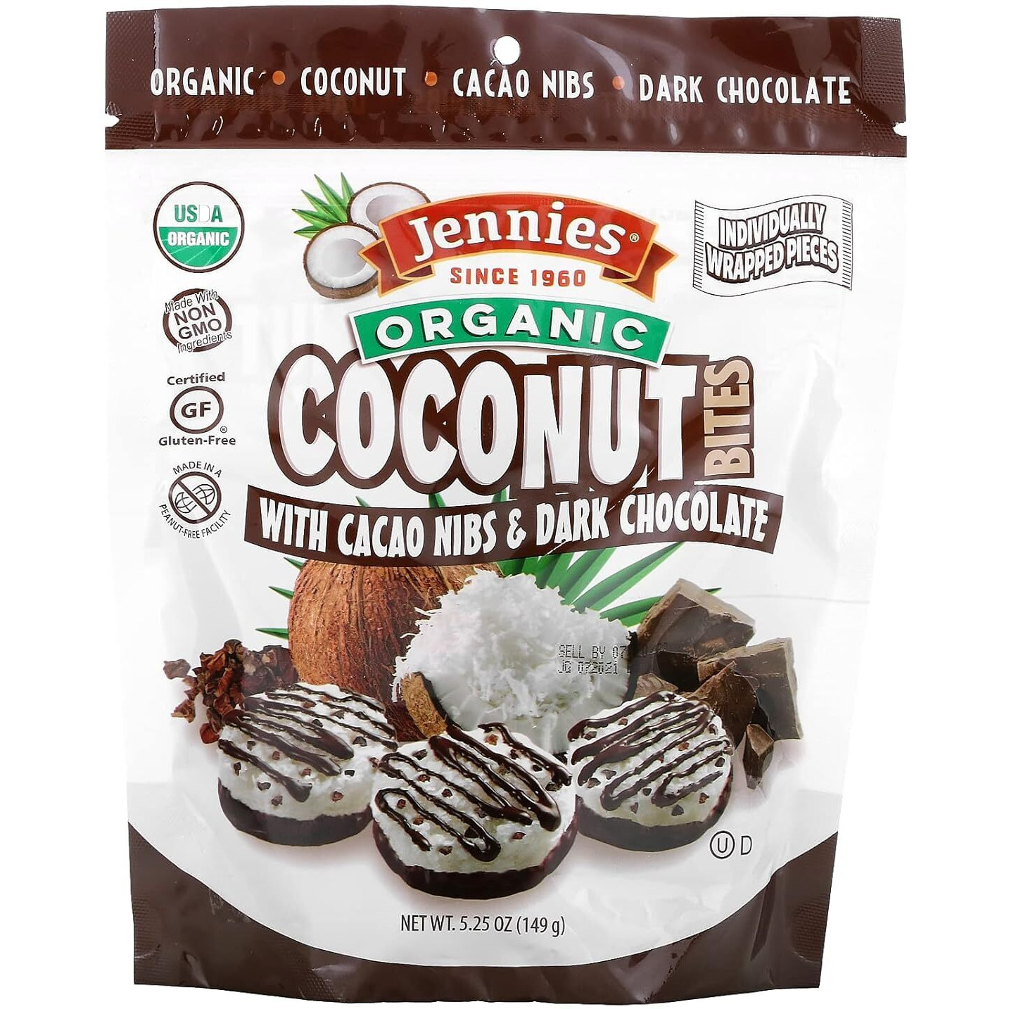 Jennies Organic Coconut Bites With Cacao Nibs And Dark Chocolate, 5.25Oz (6 Pack) | Gluten Free | Peanut Free | Dairy Free | Non Gmo