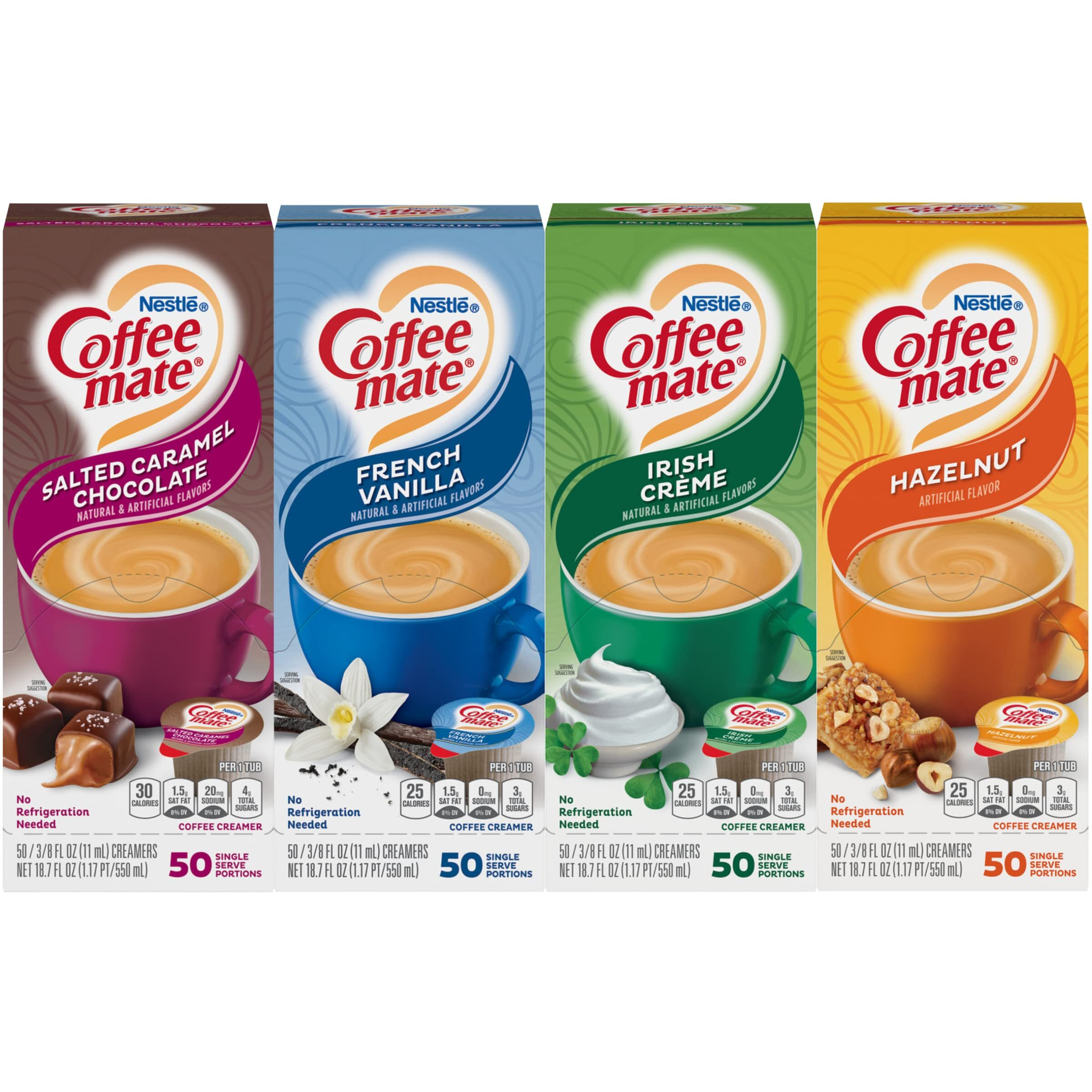 Coffee Mate Liquid .375Oz, 4 Flavor Variety 200 Count Including Original, Cafe Mocha, French Vanilla & Hazelnut