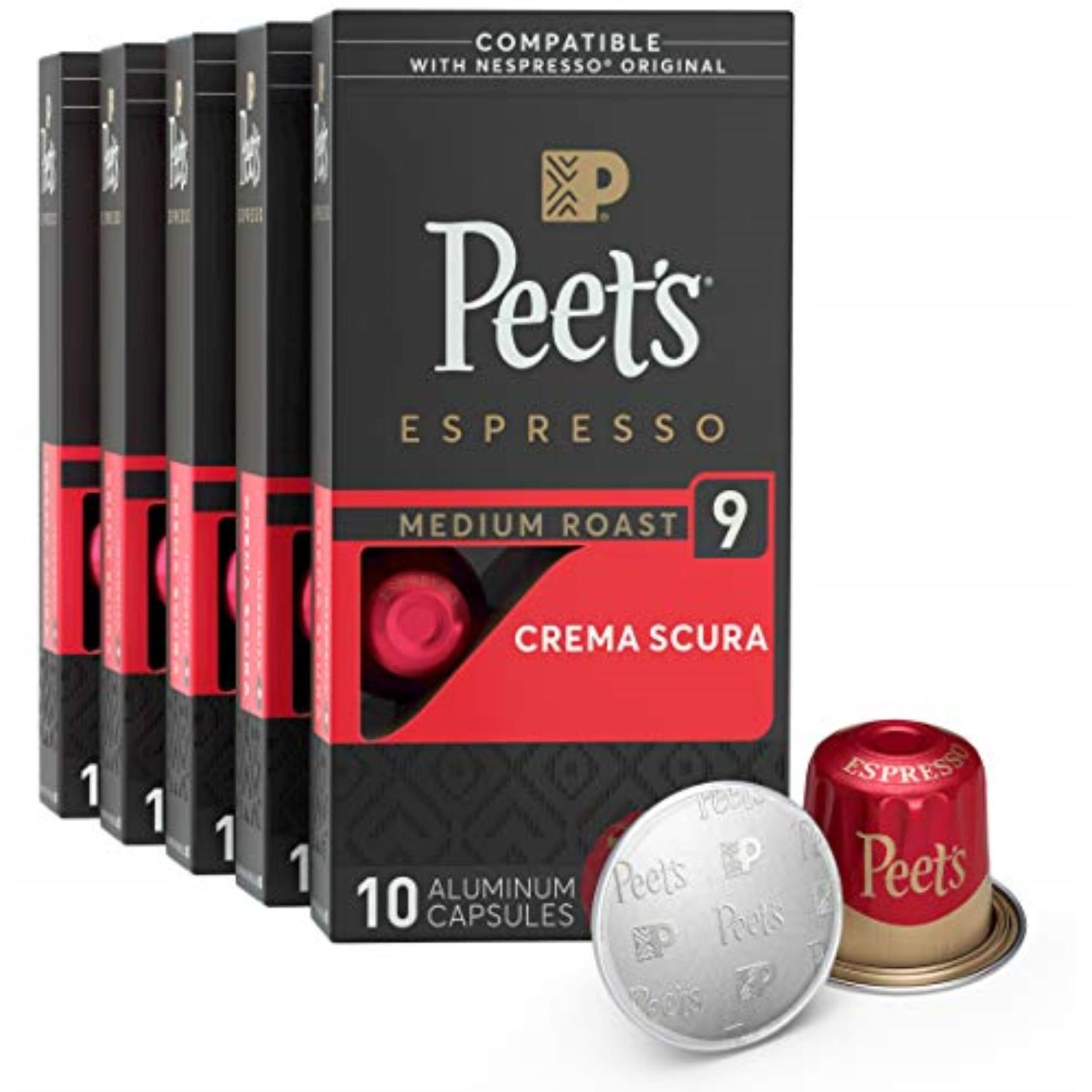 Peet's Coffee, Medium Roast Espresso Pods, Crema Scura Intensity 9, 50 Count (5 Boxes Of 10 Espresso Capsules)