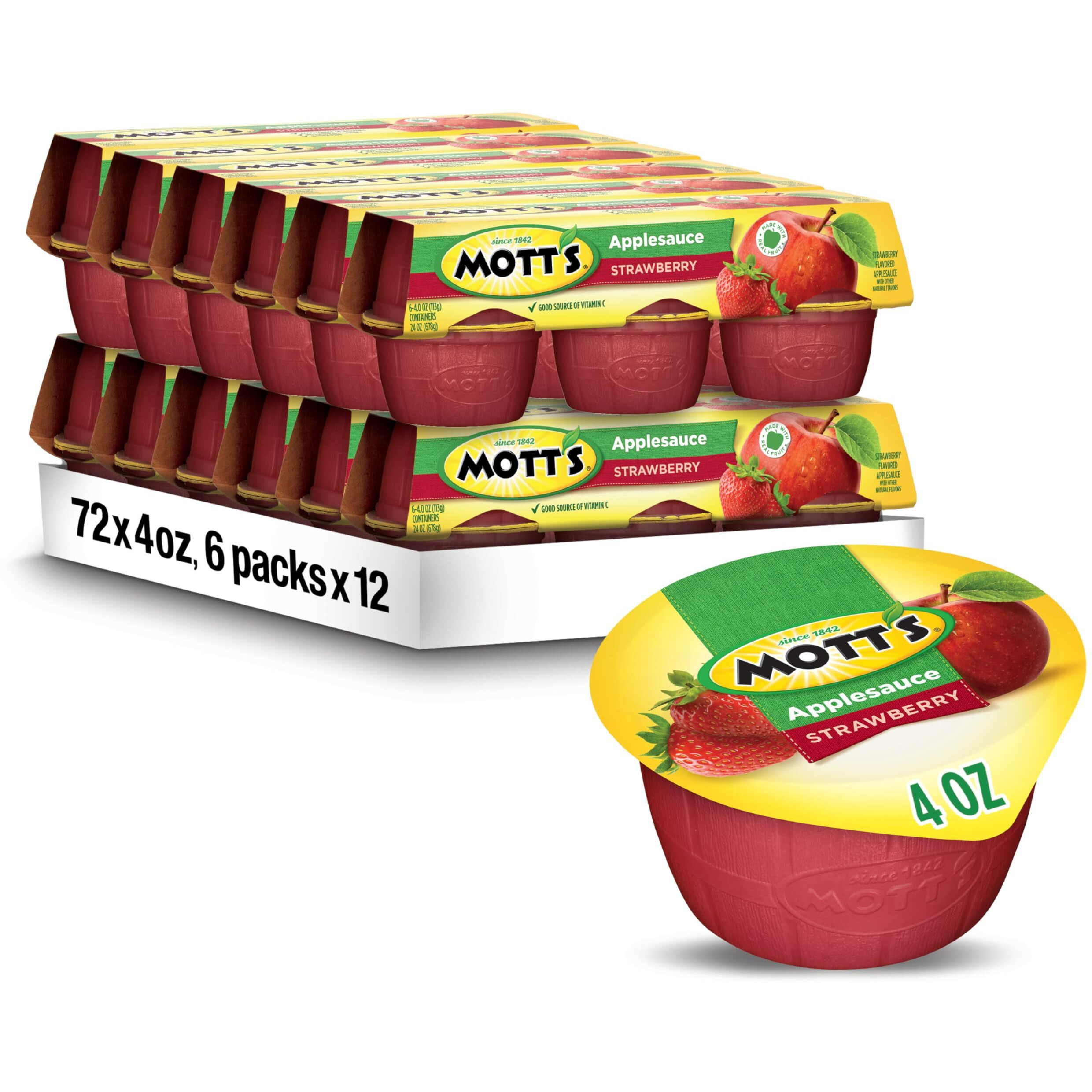 Mott's Strawberry Applesauce, 4 Oz Cups, 72 Count (12 Packs Of 6), No Artificial Flavors, Good Source Of Vitamin C, Nutritious Option For The Whole Family