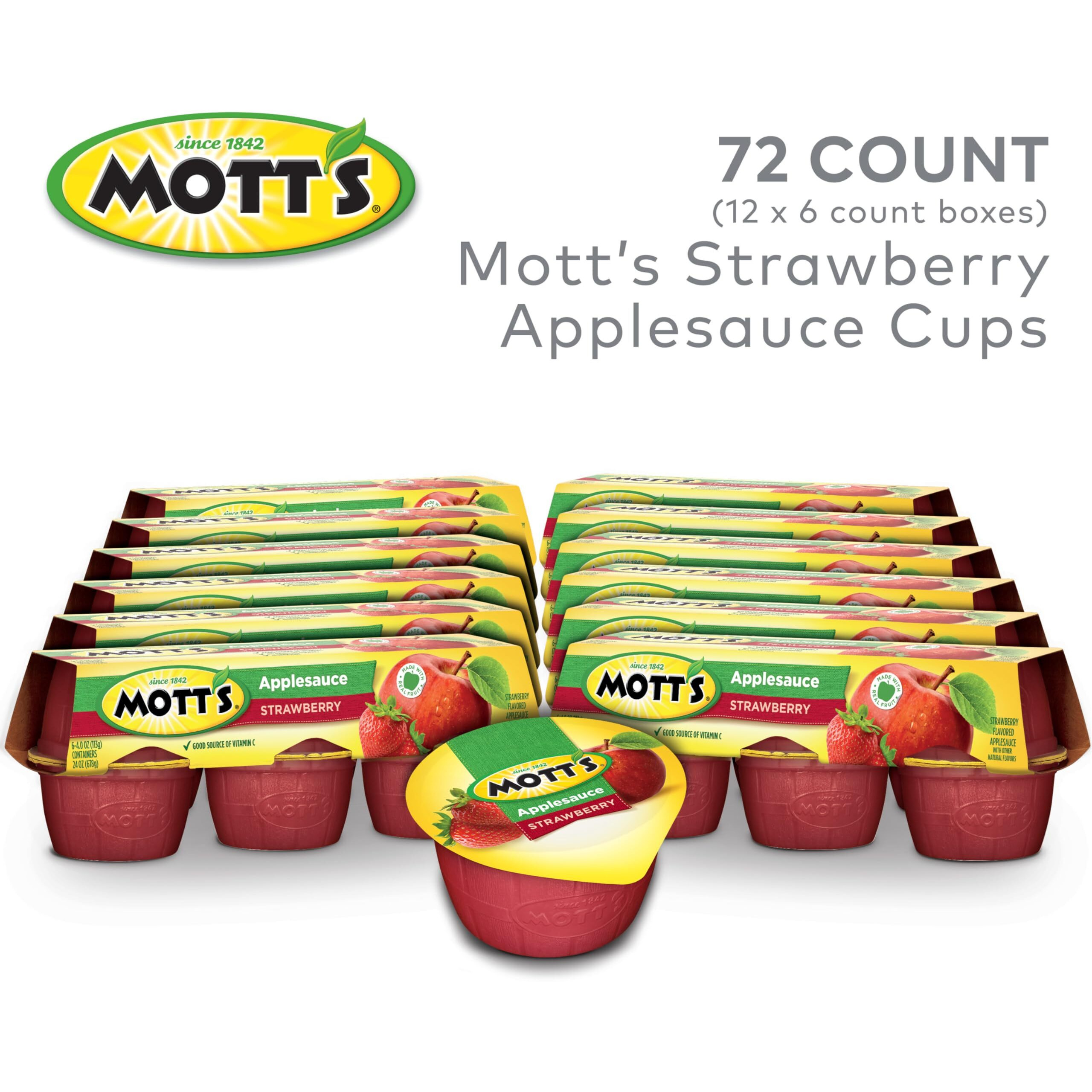Mott's Strawberry Applesauce, 4 Oz Cups, 72 Count (12 Packs Of 6), No Artificial Flavors, Good Source Of Vitamin C, Nutritious Option For The Whole Family