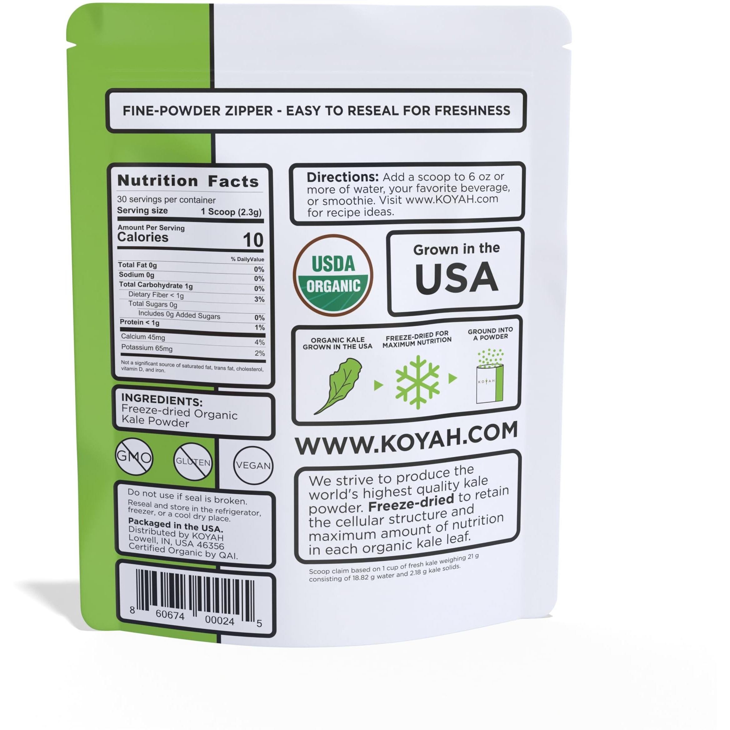 Koyah - Organic Usa Grown Kale Powder (Equivalent To 30 Cups Fresh) Freeze-Dried, Whole-Leaf Powder