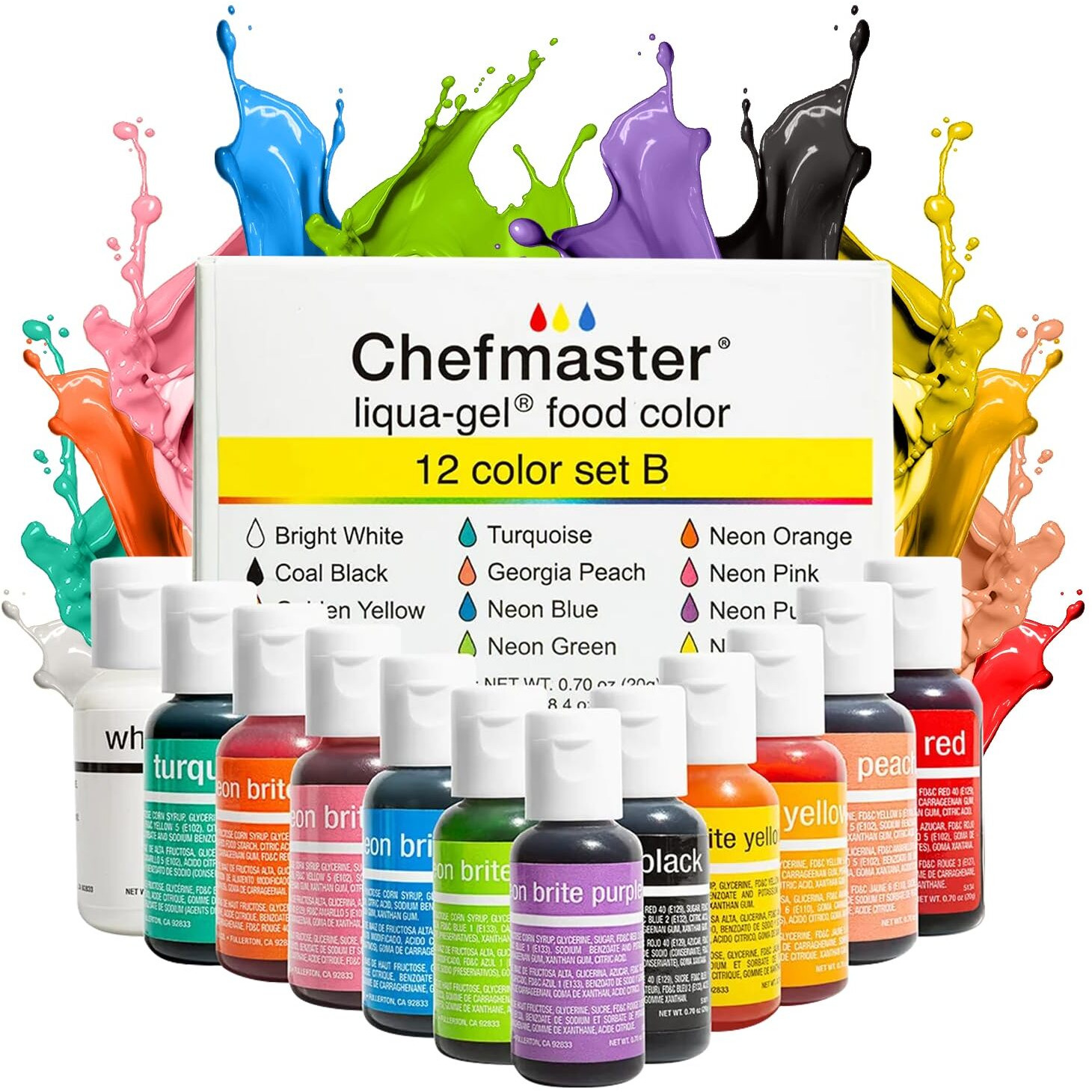 Chefmaster - Liqua-Gel Food Coloring - 12 Color Set B - Fade Resistant - 12 Pack - Vibrant, Eye-Catching Colors, Easy-To-Blend Formula, Fade-Resistant - Made In The Usa