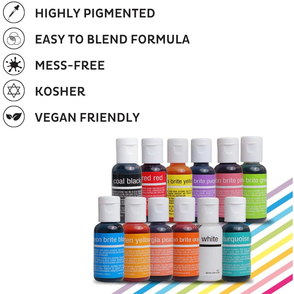 Chefmaster - Liqua-Gel Food Coloring - 12 Color Set B - Fade Resistant - 12 Pack - Vibrant, Eye-Catching Colors, Easy-To-Blend Formula, Fade-Resistant - Made In The Usa
