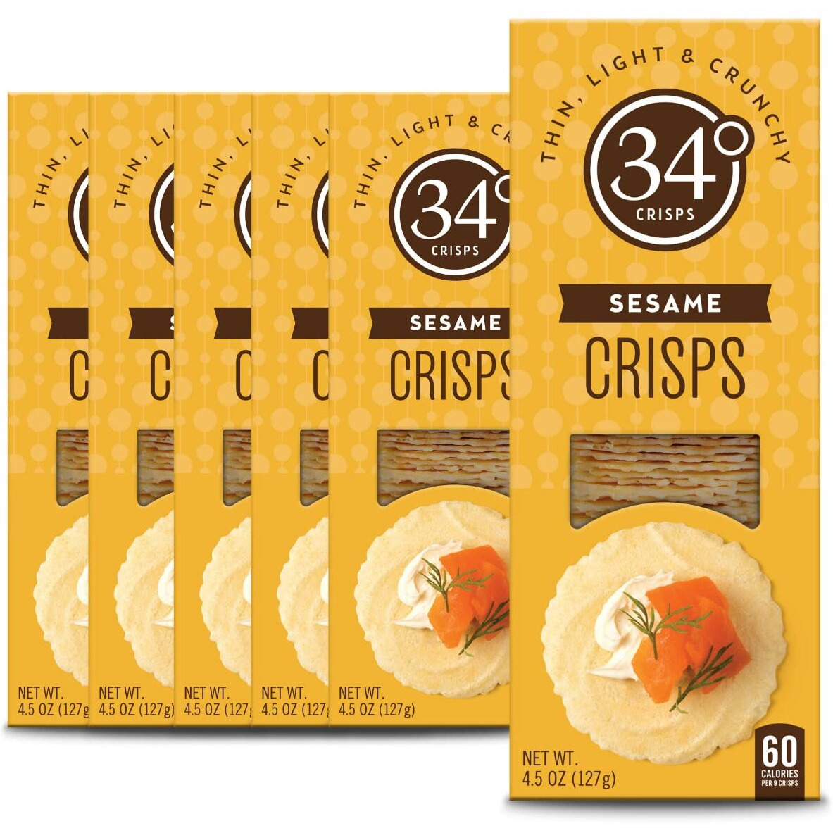 34 Degrees Sesame Crisps | Light & Crunchy Thin Crackers For Charcuterie, Cheese Boards & Entertaining, 6 Pack (4.5Oz Each)