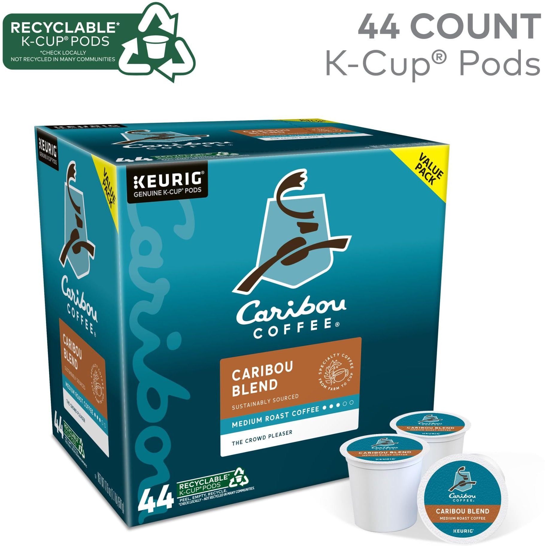 Caribou Coffee Caribou Blend, Keurig Single-Serve K-Cup Pod, Medium Roast Coffee Pods, 44 Count
