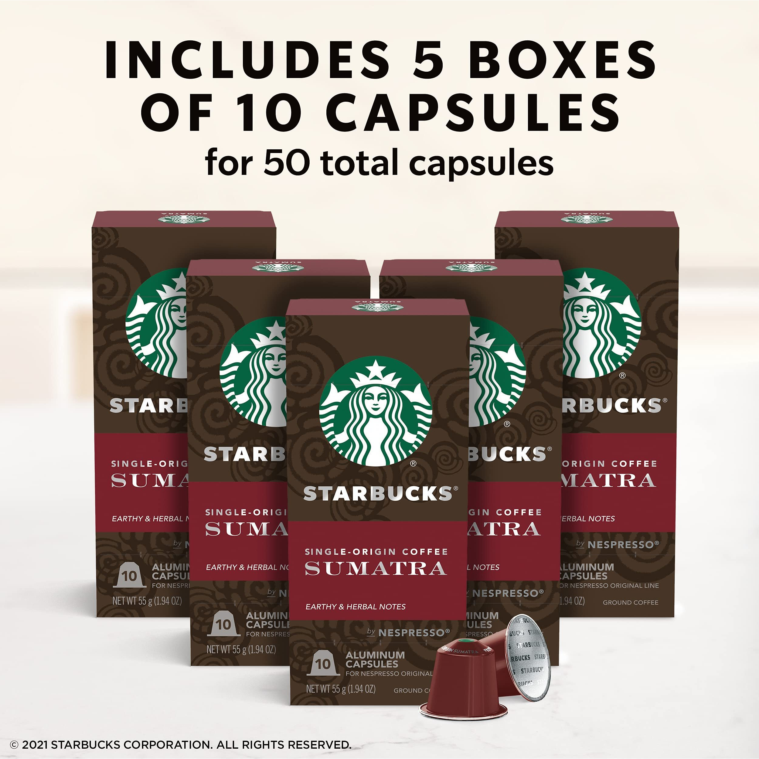 Starbucks By Nespresso Dark Roast Single-Origin Sumatra Coffee (50-Count Single Serve Capsules, Compatible With Nespresso Original Line System)