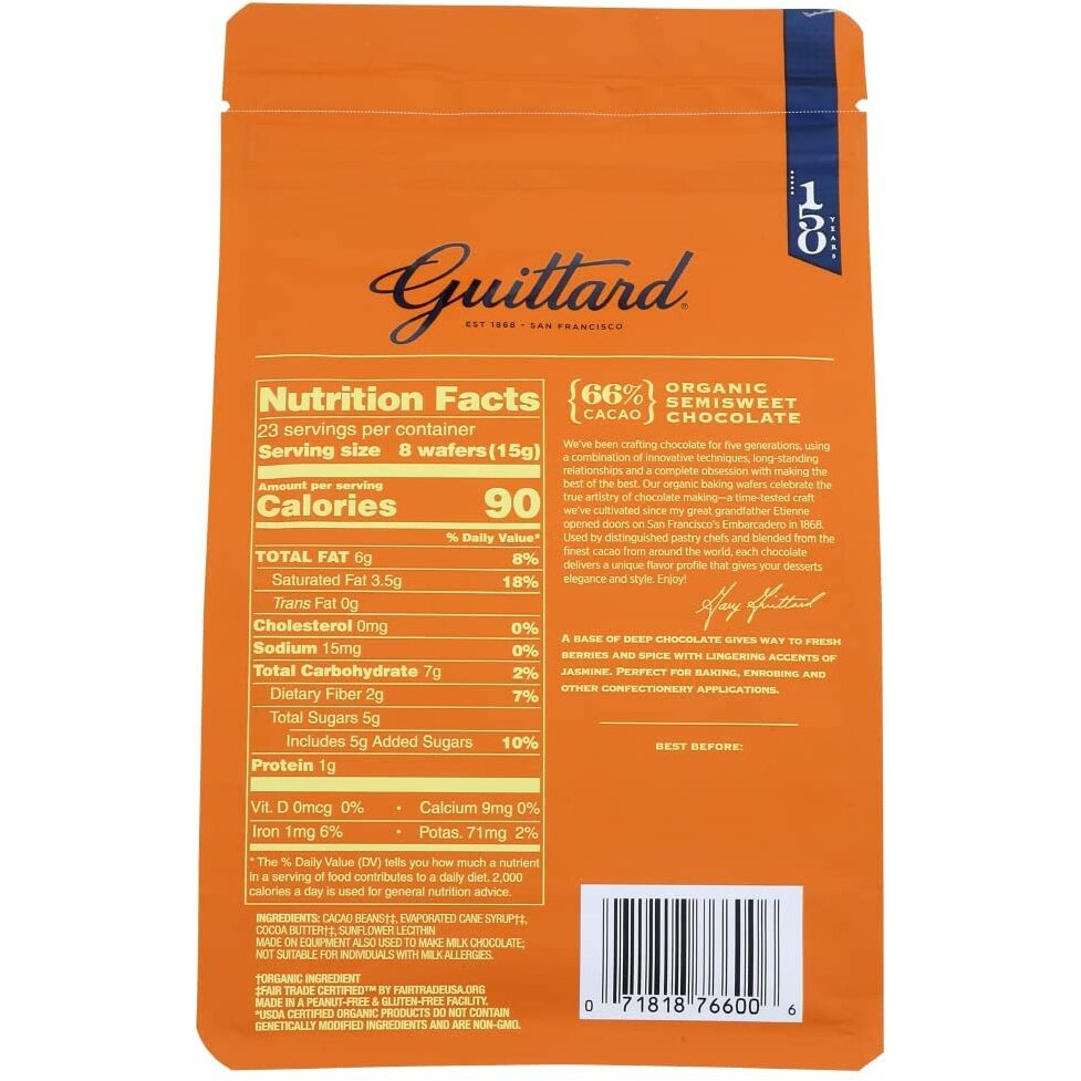 Guittard, Organic 66% Chocolate Baking Wafers, 12 Ounce
