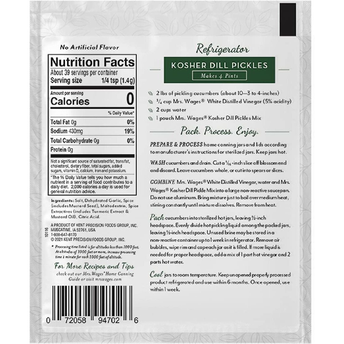 Mrs. Wages Kosher Dill Pickles Refrigerator Mix, 1.94 Oz, Pack Of 12
