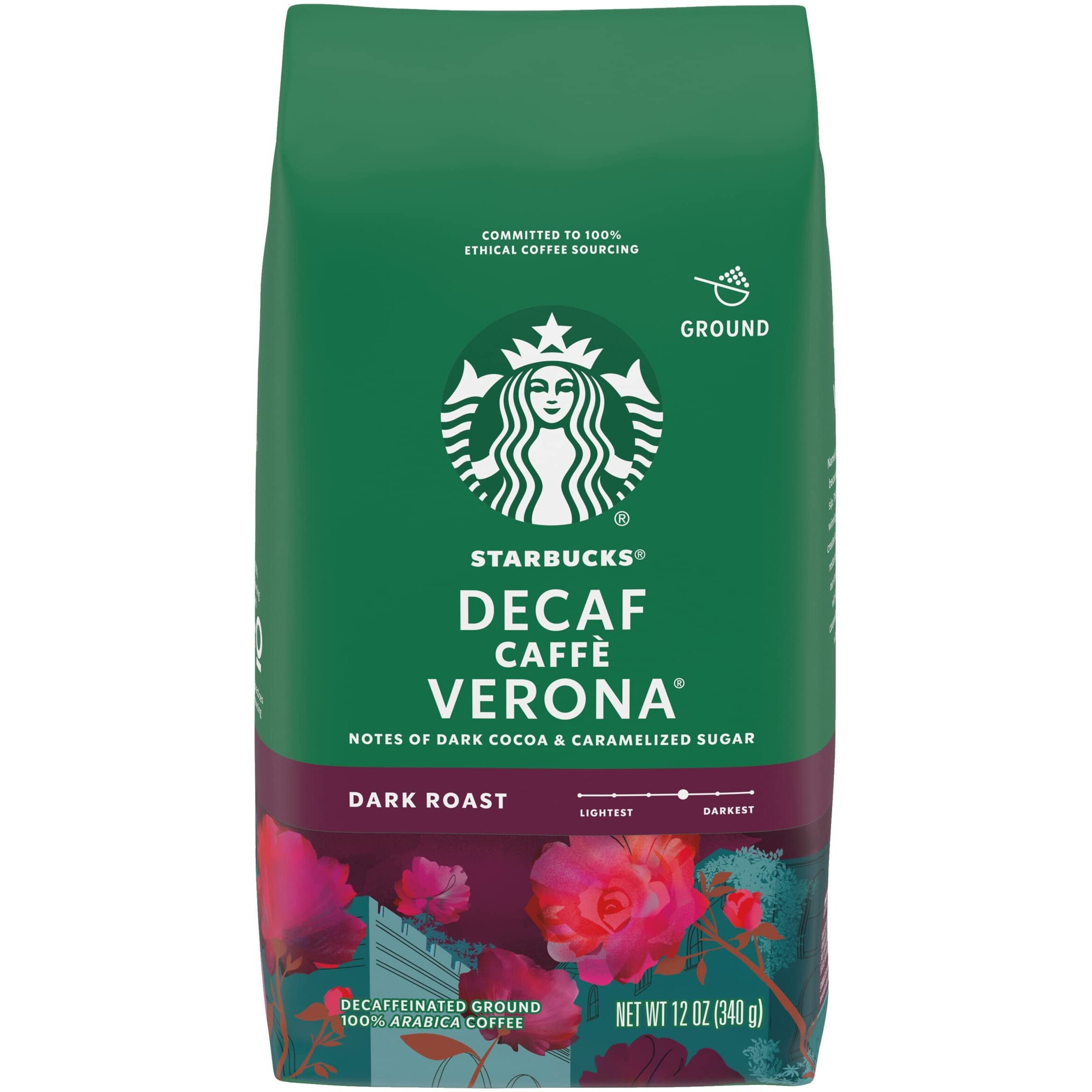 Starbucks Decaf Ground Coffee, Caff Verona, Dark Roast Decaffeinated Ground 100% Arabica Coffee, Notes Of Dark Cocoa & Caramelized Sugar, 12-Ounce Bag (Pack Of 2)