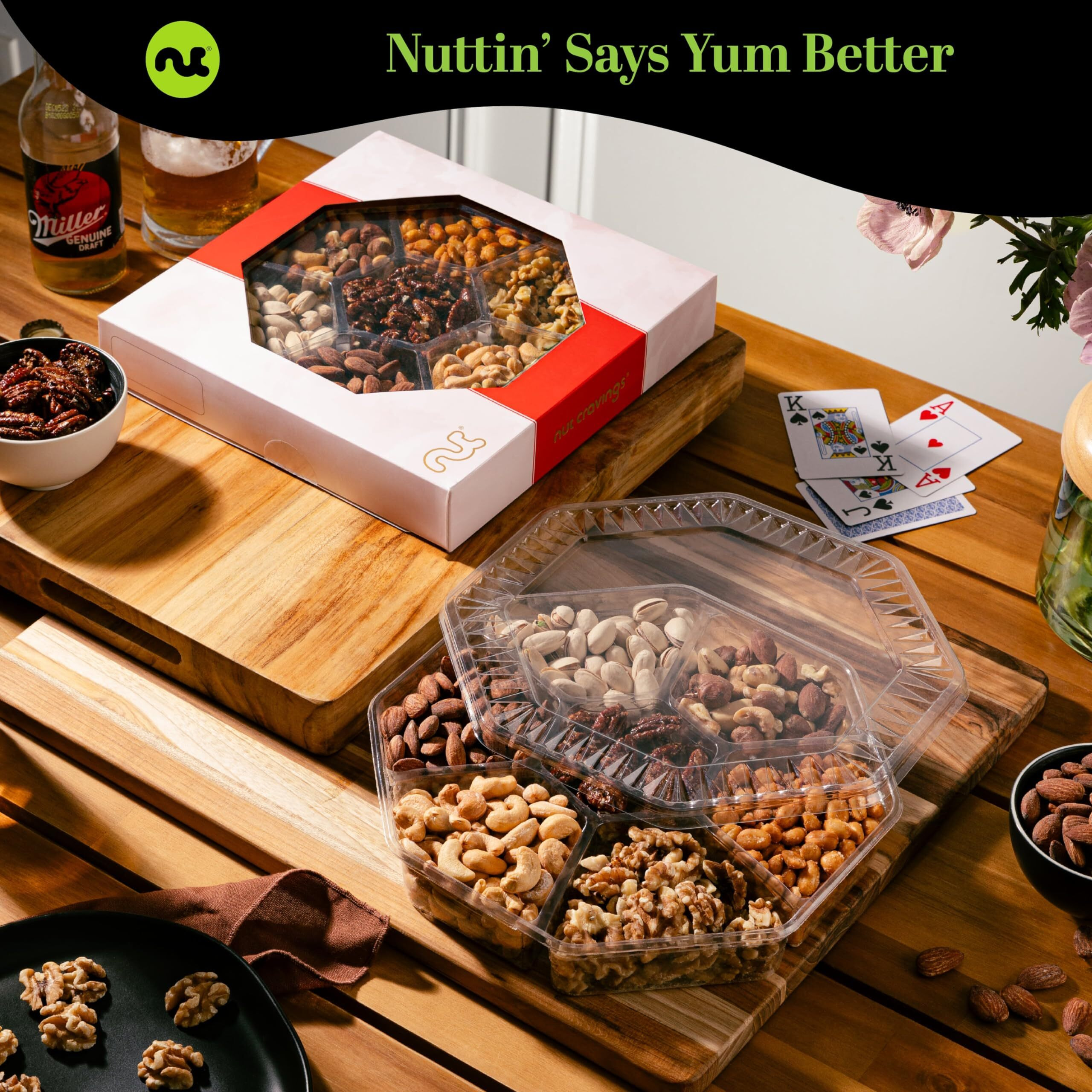 Nut Cravings Gourmet Collection - Mixed Nuts Gift Basket In Red Gold Box (7 Assortments, 1 Lb) Teacher Appreciation Arrangement Platter, Birthday Care Package - Healthy Kosher