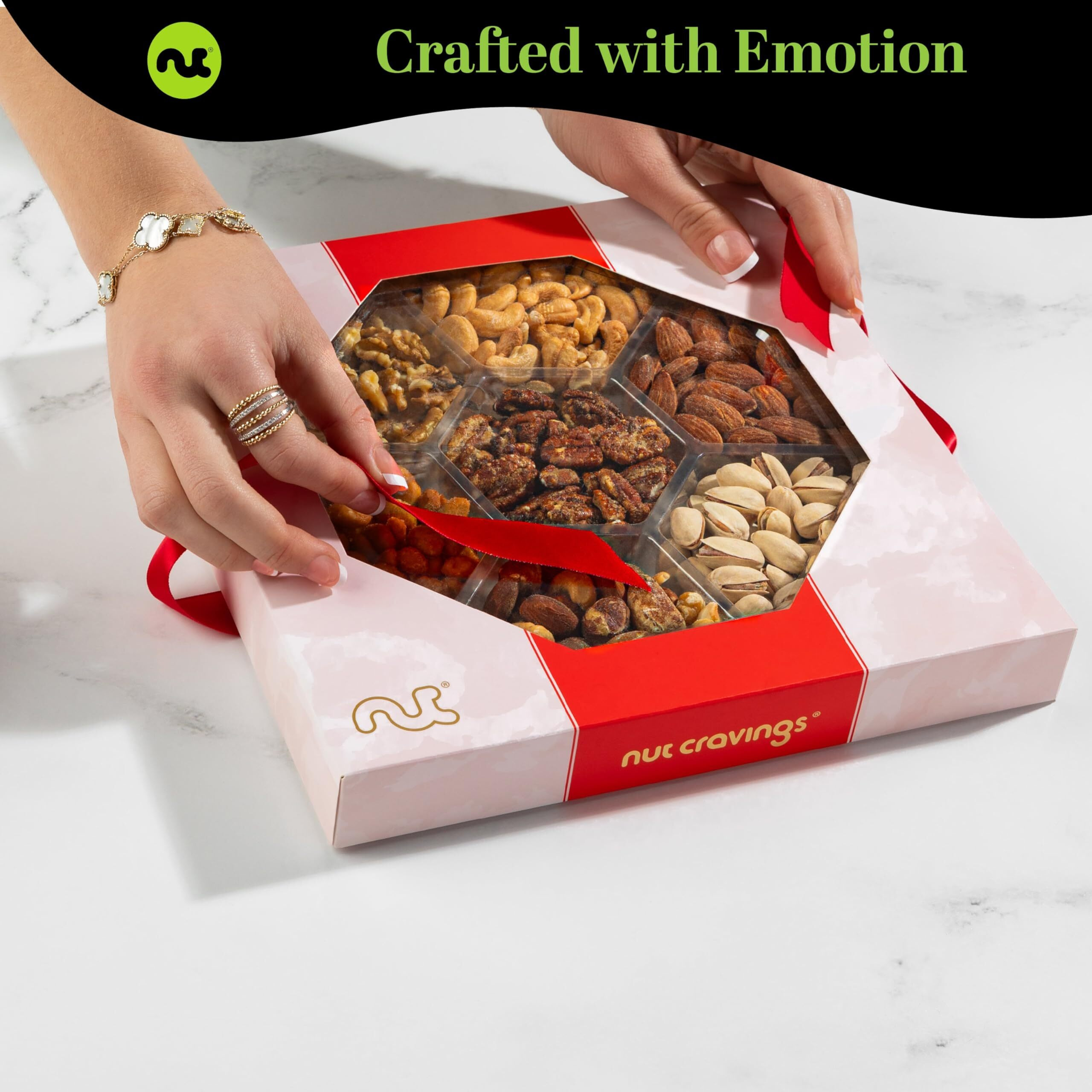 Nut Cravings Gourmet Collection - Mixed Nuts Gift Basket In Red Gold Box (7 Assortments, 1 Lb) Teacher Appreciation Arrangement Platter, Birthday Care Package - Healthy Kosher
