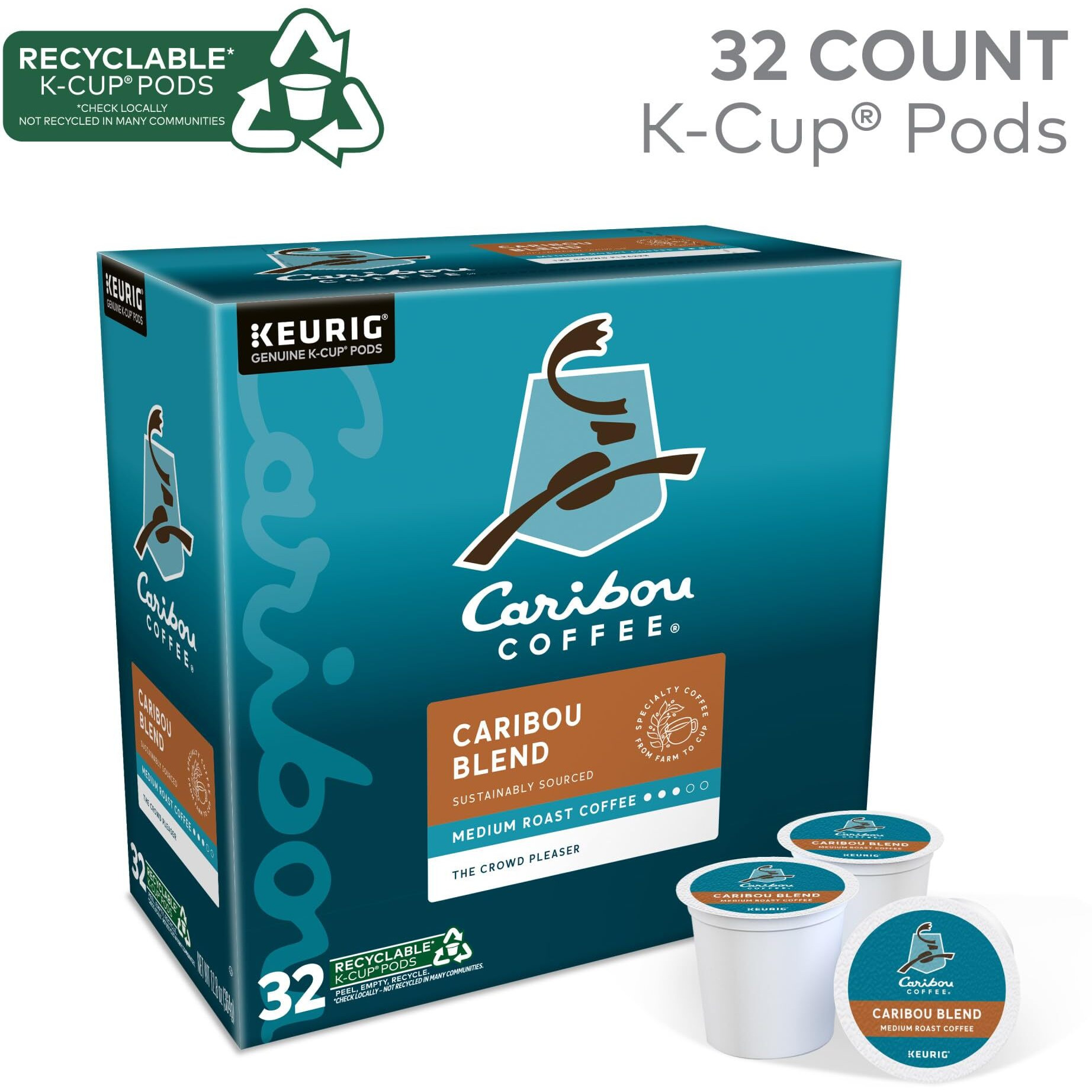 Caribou Coffee Caribou Blend, Keurig Single-Serve K-Cup Pods, Medium Roast Coffee, 32 Count