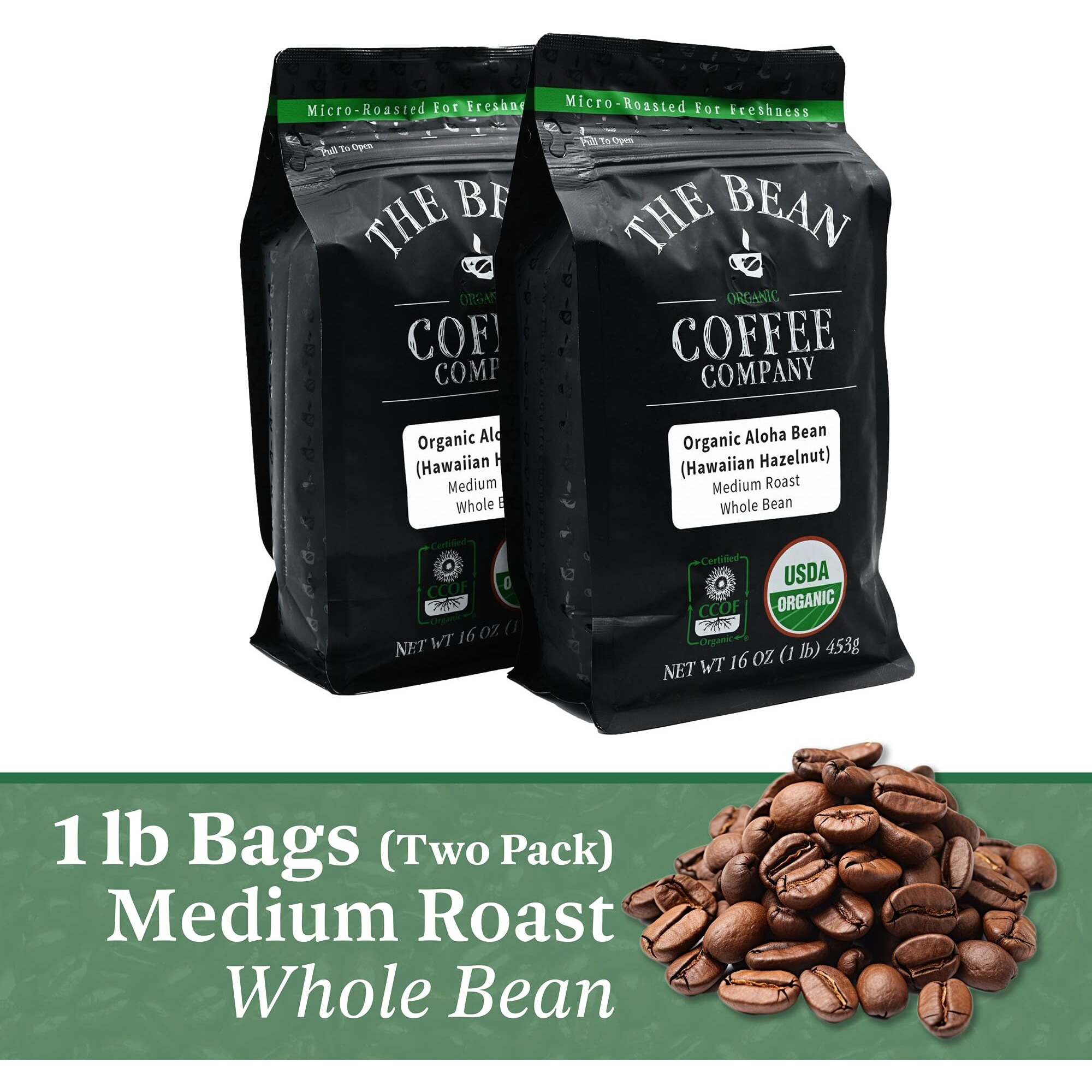 The Bean Organic Coffee Company Aloha Bean (Hawaiian Hazelnut), Medium Roast, Whole Bean Coffee, 16-Ounce Bags (Pack Of 2)