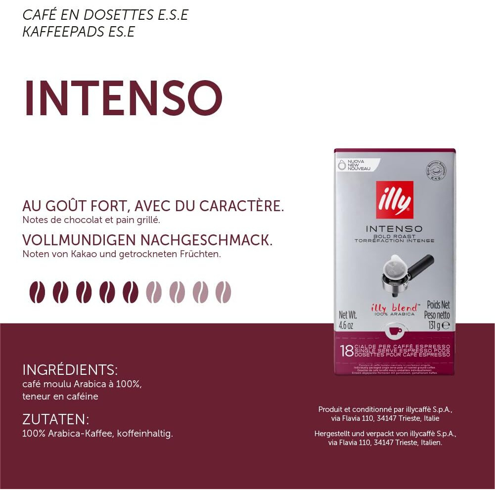 Illy E.S.E. Coffee - Single-Serve Coffee Capsules & Pods - Coffee Pods - Intenso Dark Roast - Notes Of Cocoa & Dried Fruit - For E.S.E Coffee Machines - Extraordinary Aroma & Body - 18 Count