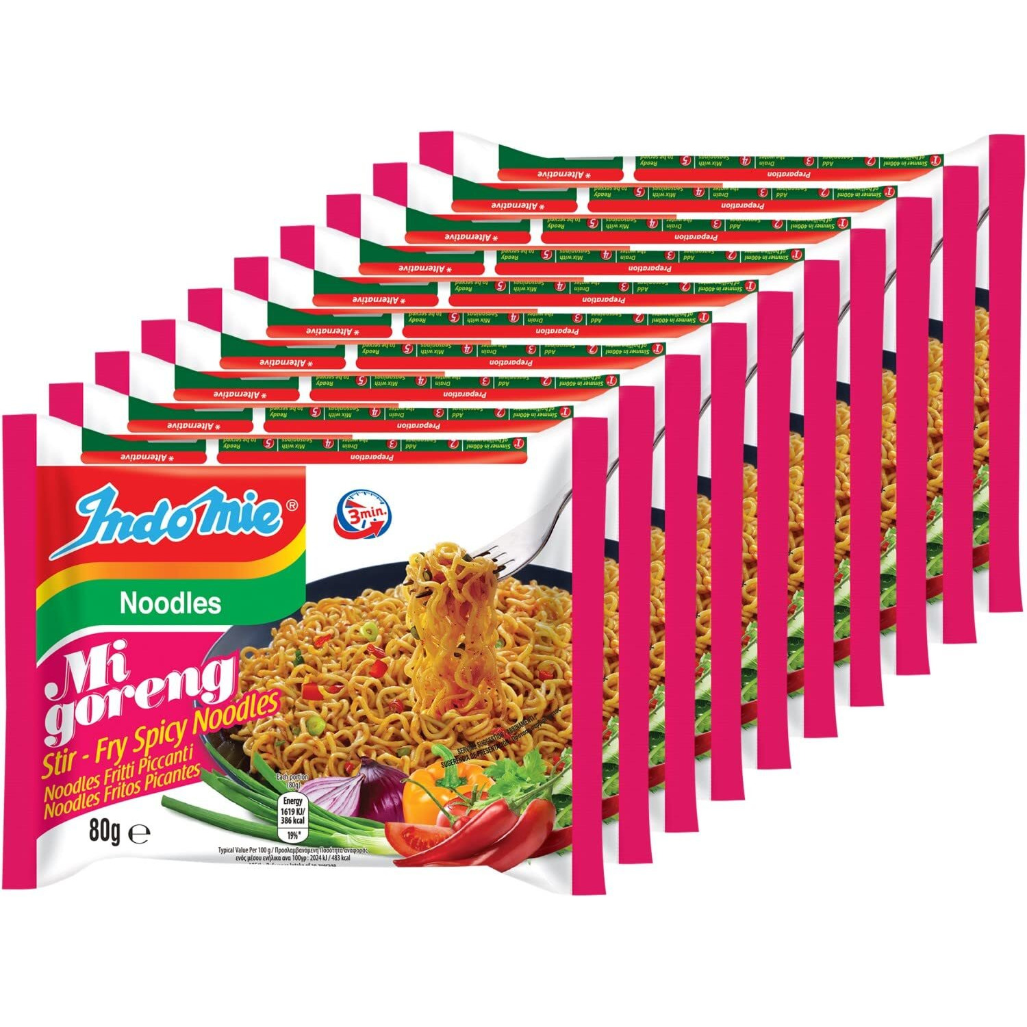 Indomie Mi Goreng Instant Stir Fry Noodles, Halal Certified, Hot & Spicy / Pedas Flavor, 3 Ounce (Pack Of 10)