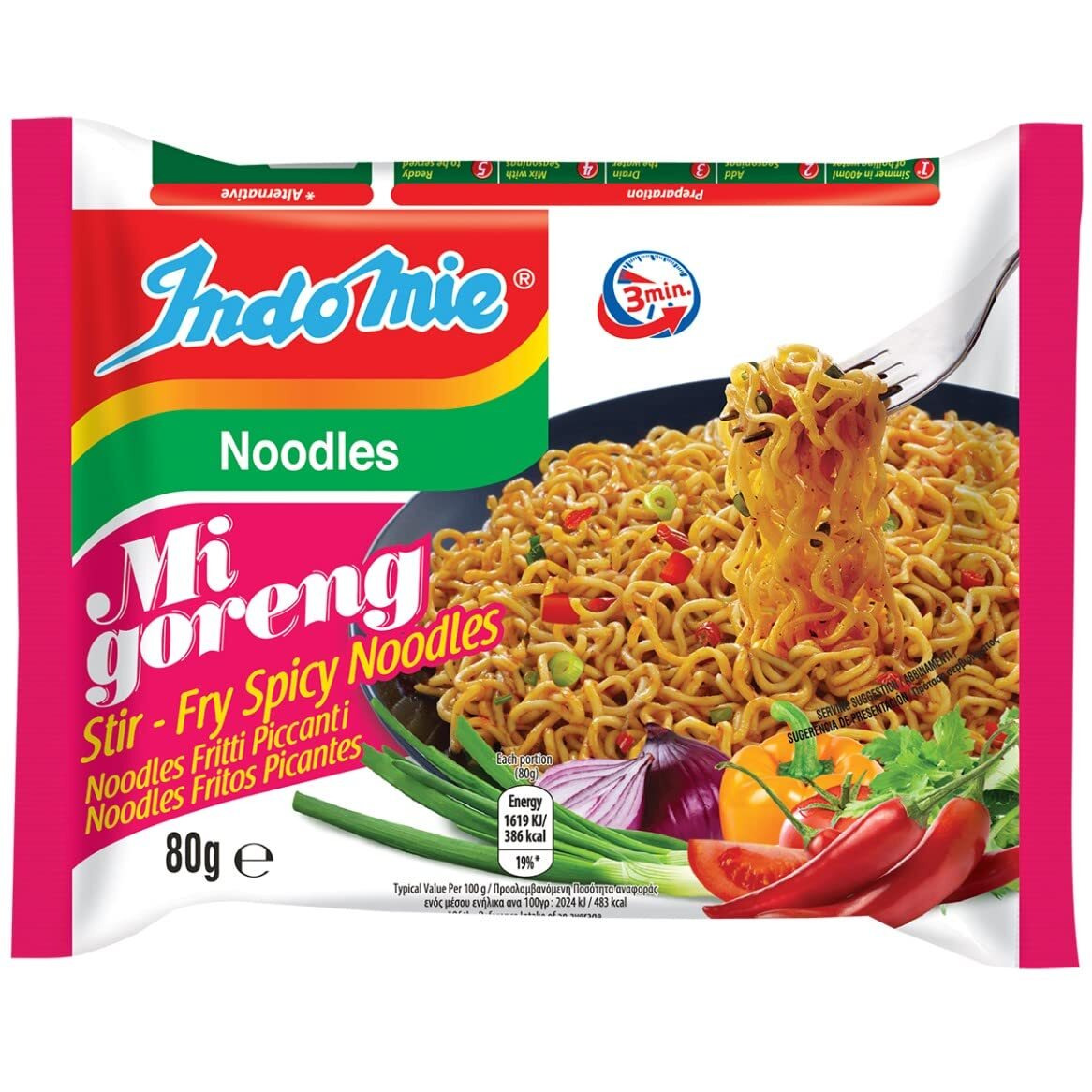 Indomie Mi Goreng Instant Stir Fry Noodles, Halal Certified, Hot & Spicy / Pedas Flavor, 3 Ounce (Pack Of 10)