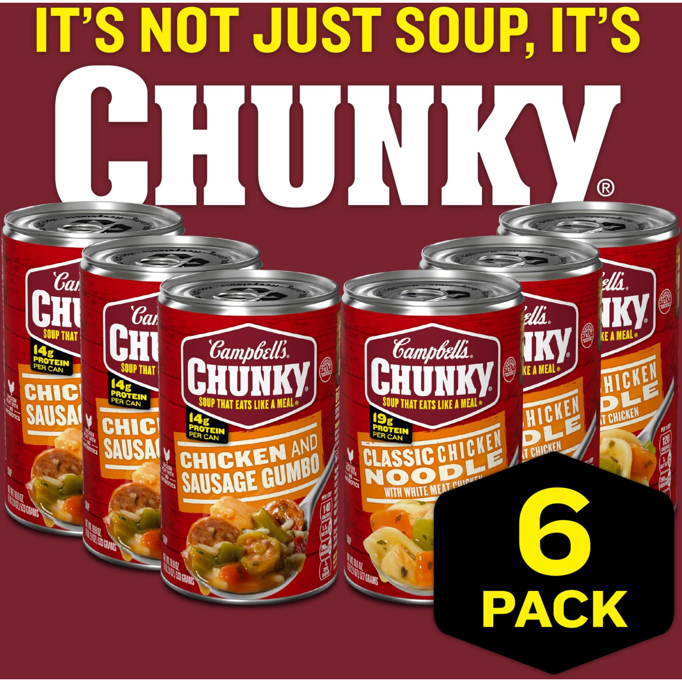Campbell's Chunky Soup, Classic Chicken Noodle Soup And Chicken And Sausage Gumbo Variety, 18.8 And 18.6 Oz Cans (Case Of 6)
