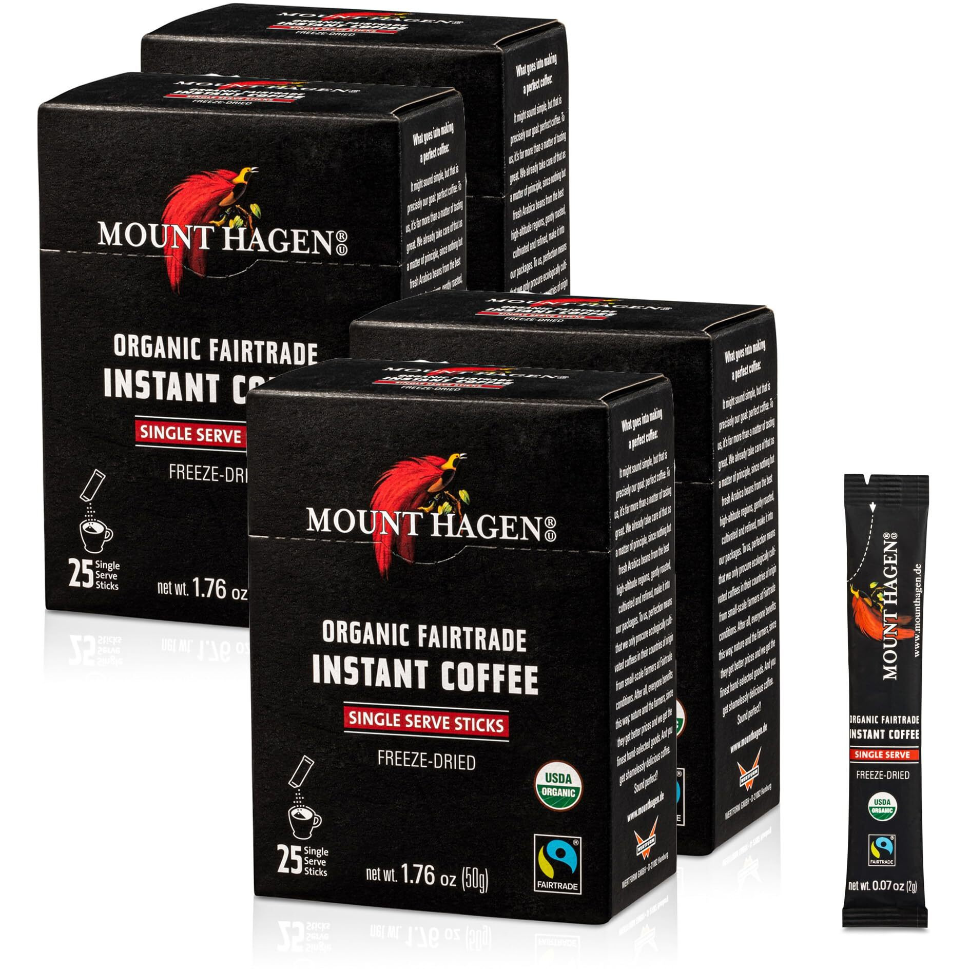 Mount Hagen 25 Count Single Serve Instant Coffee Packets - 4 Pack | Organic Medium Roast Arabica Beans | Eco-Friendly, Fair-Trade [4 X 25 Sticks/1.76Oz/50G]