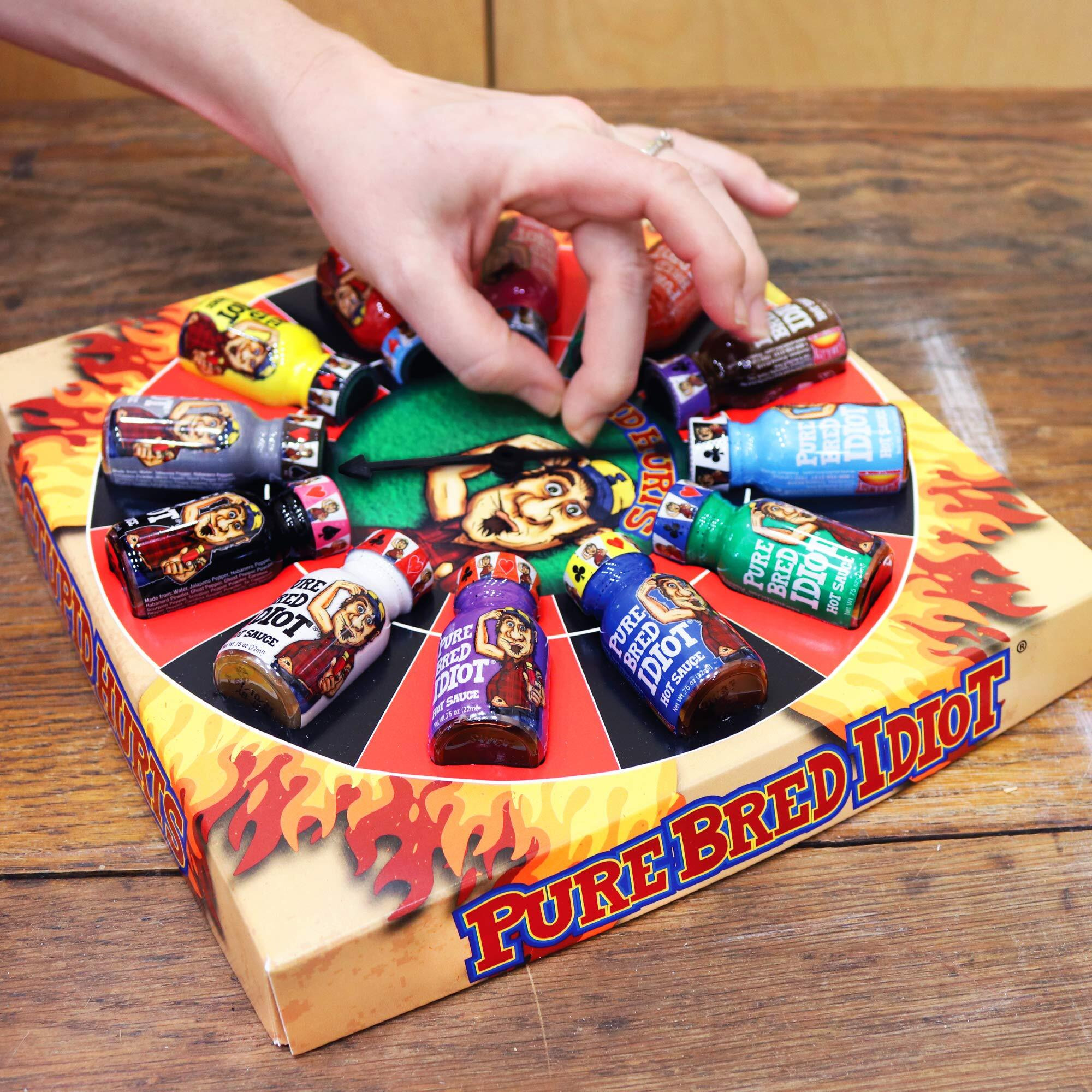 Pure Bred Idiot - Hot Sauce Roulette Game - 12-0.75 Ounce Bottles Hot Sauce Gift Set - Perfect Premium Gourmet Gag Gifts For Men - Spicy Challenge Hot Sauce Sampler