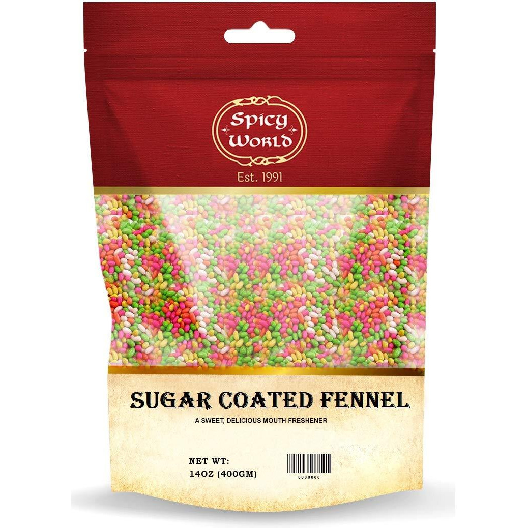 Spicy World Sugar Coated Fennel Seeds | Sweet Saunf Candy For Mouth Freshening - 14 Oz (400G) Pack | Premium Quality Fennel Mouth Freshener | Indian After Meal Digestive Treat