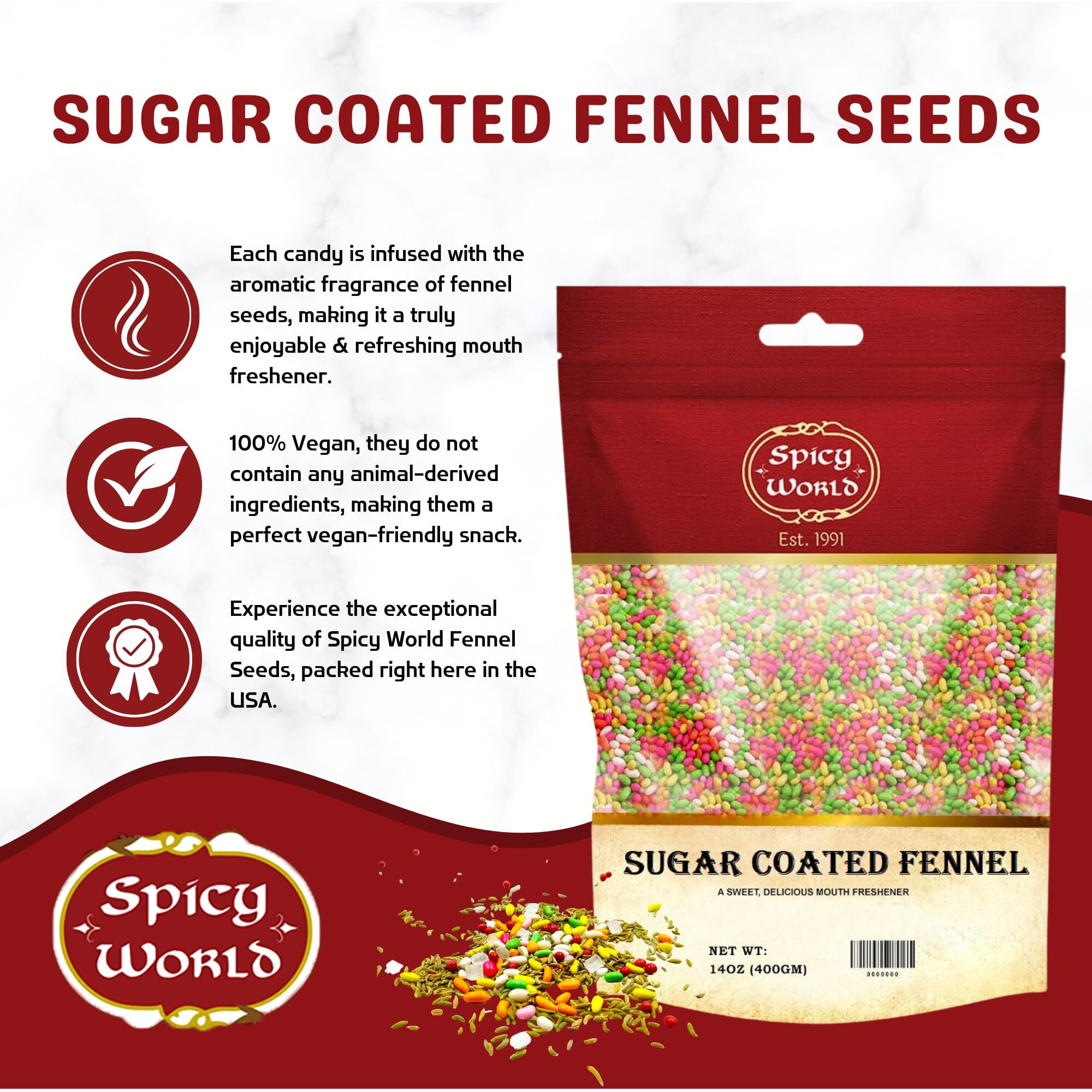 Spicy World Sugar Coated Fennel Seeds | Sweet Saunf Candy For Mouth Freshening - 14 Oz (400G) Pack | Premium Quality Fennel Mouth Freshener | Indian After Meal Digestive Treat