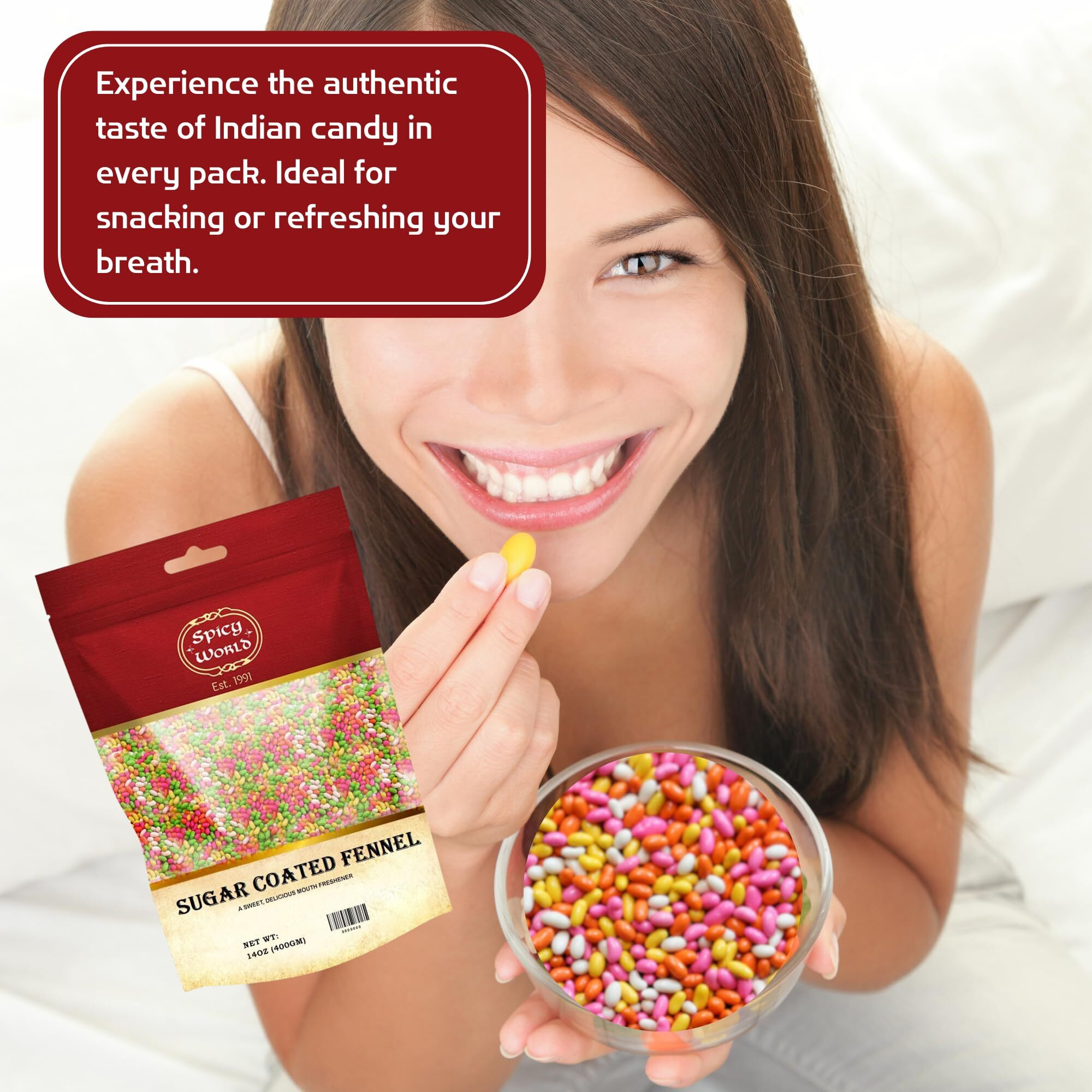 Spicy World Sugar Coated Fennel Seeds | Sweet Saunf Candy For Mouth Freshening - 14 Oz (400G) Pack | Premium Quality Fennel Mouth Freshener | Indian After Meal Digestive Treat